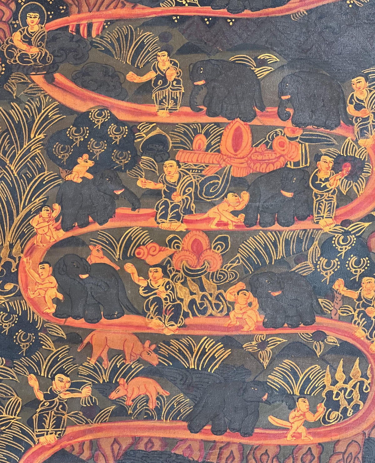 Hand-Painted Tibetan Thangka: Samatha Meditation, Elephant Path Art