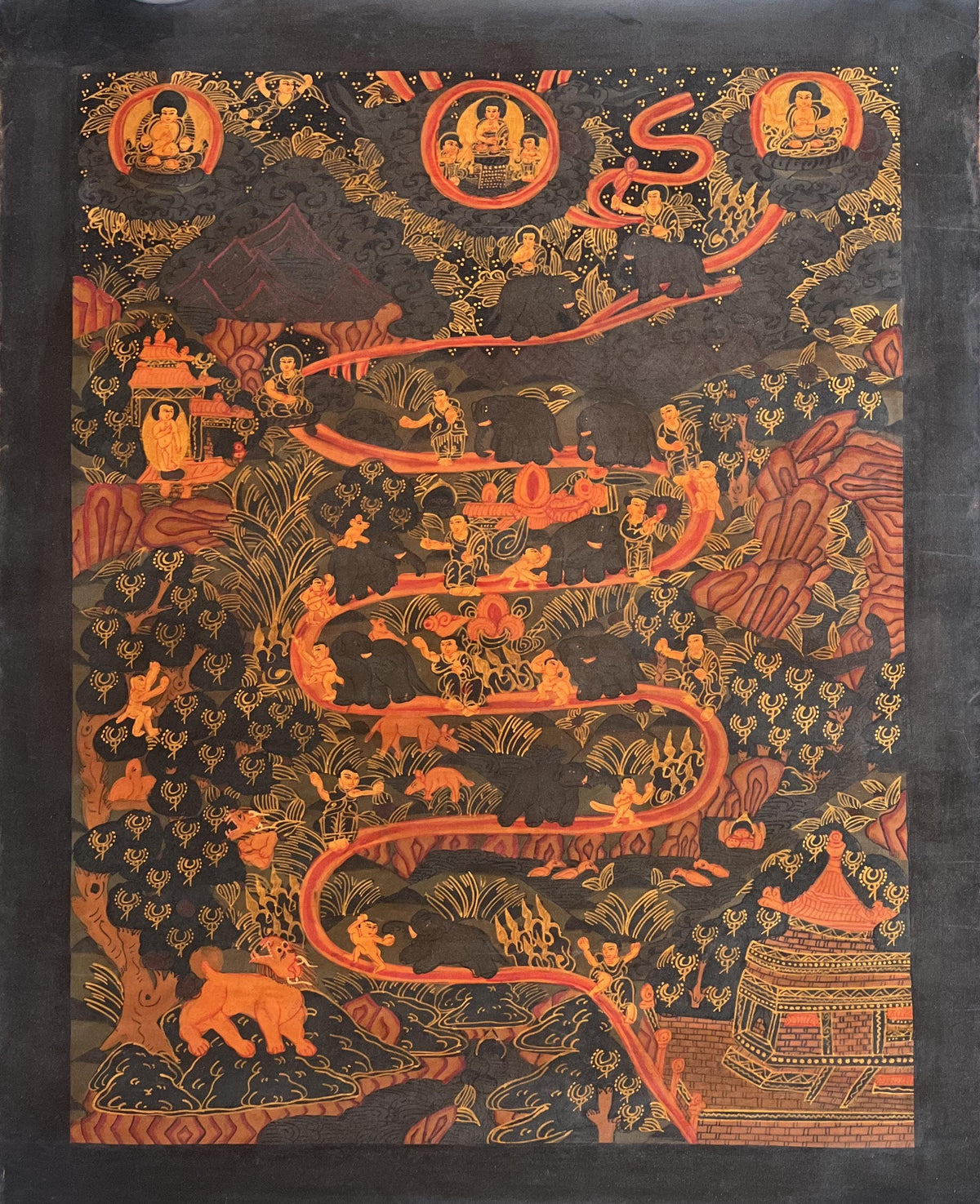 Hand-Painted Samatha Meditation Thangka | Nine Stage Elephant Path Meditation Art with Silk Brocade
