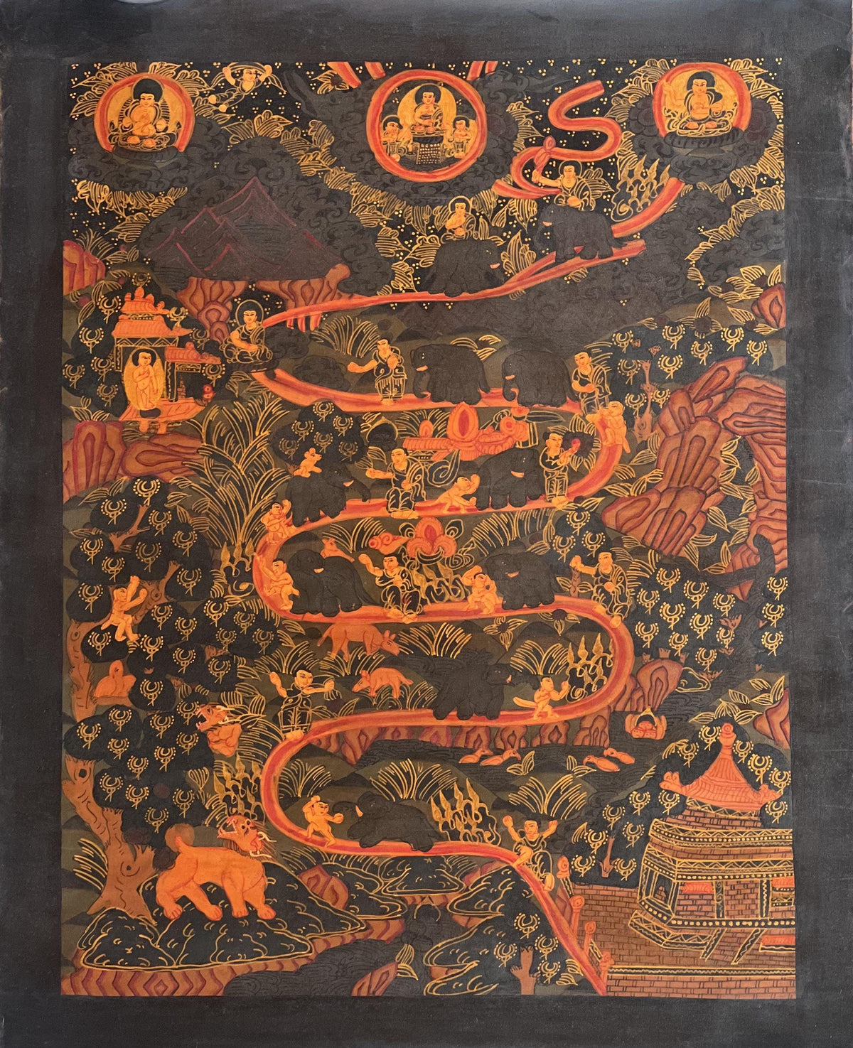Hand-Painted Tibetan Thangka: Samatha Meditation, Elephant Path Art