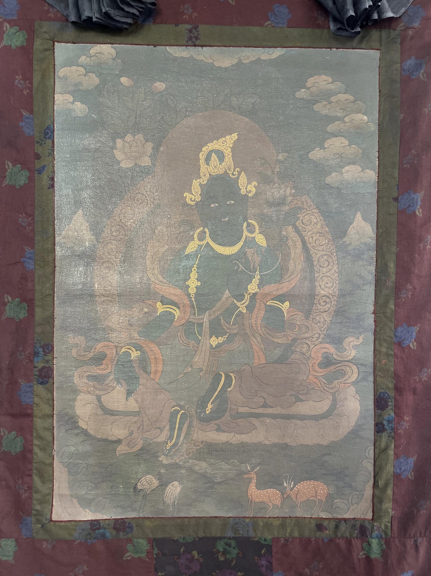 Vintage Green Tara Thangka | Hand-Painted Buddhist Art on Canvas