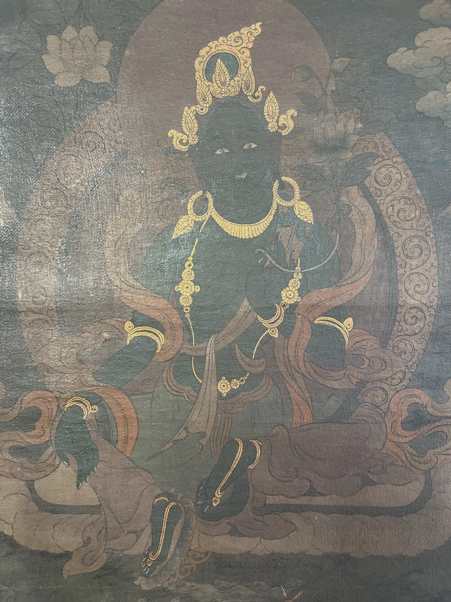 Vintage Green Tara Thangka | Hand-Painted Buddhist Art on Canvas