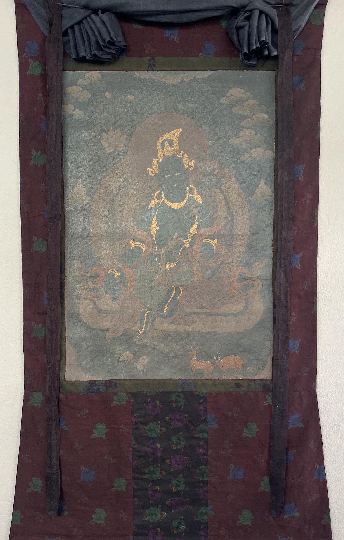 Vintage Green Tara Thangka | Hand-Painted Buddhist Art on Canvas