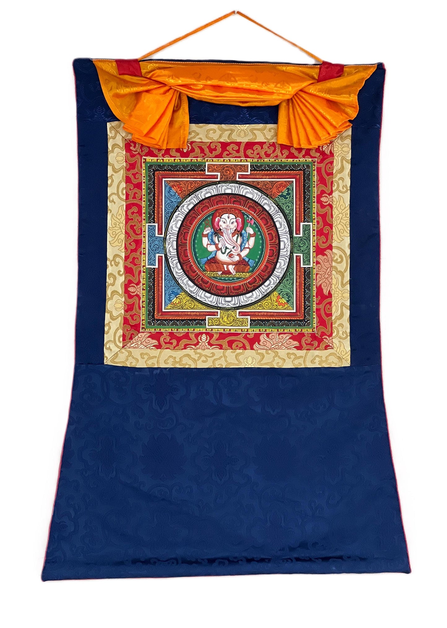4 Armed Ganesha/ Ganapati with Sriyantra  Masterpiece Newari Paubha Thangka Painting with Silk Brocade
