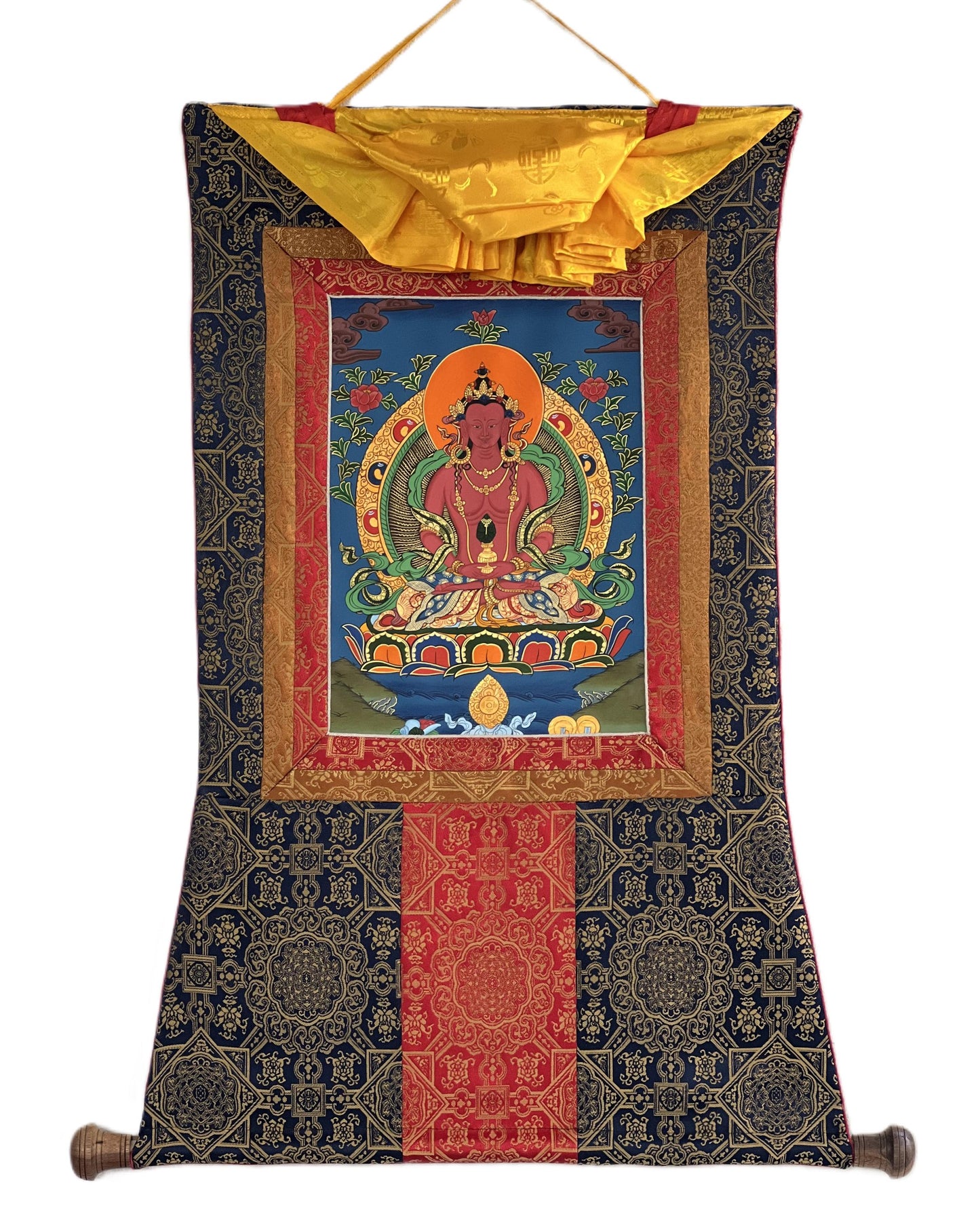 Amitayus Buddha Tibetan Thangka Painting with Silk Brocade