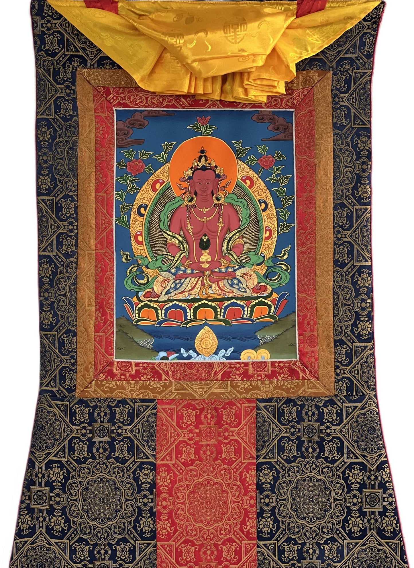Amitayus Buddha Tibetan Thangka Painting with Silk Brocade