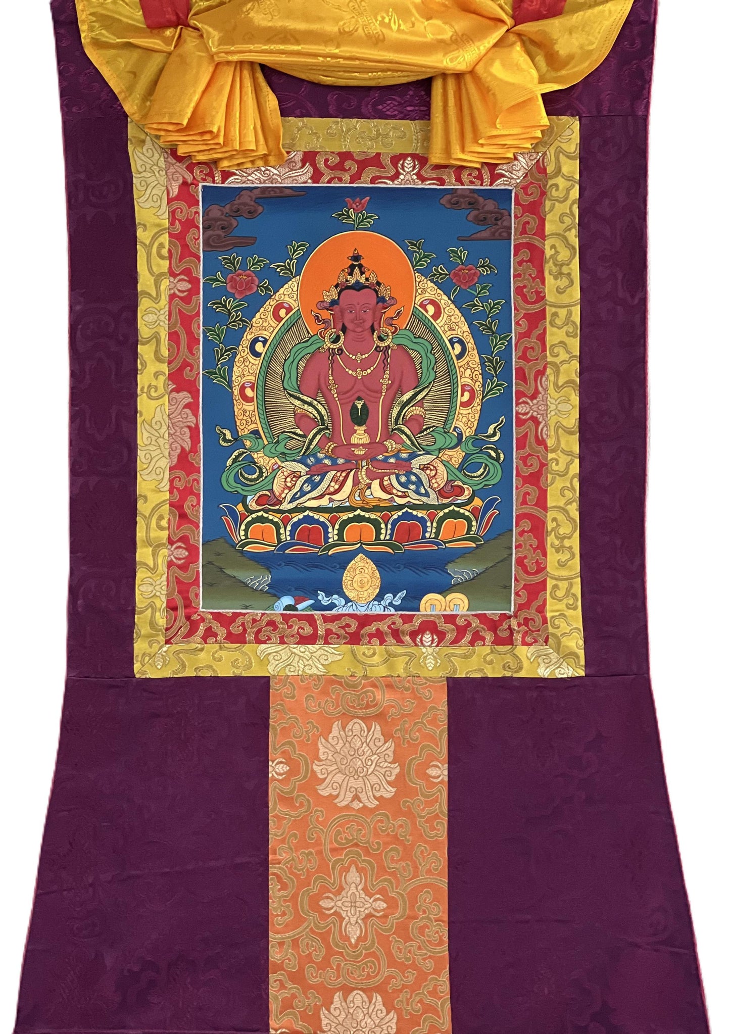 Hand Painted Amitayus Thangka - Tibetan Silk Brocade Meditation Art