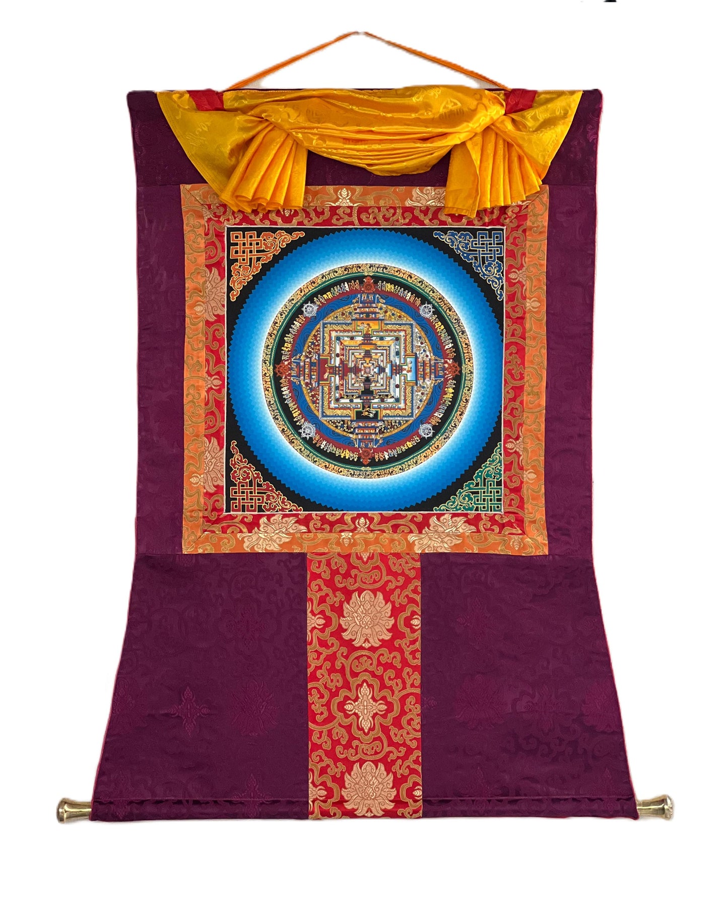 Hand-Painted Kalachakra Mandala Thangka: Gold Tibetan Painting with Silk Brocade