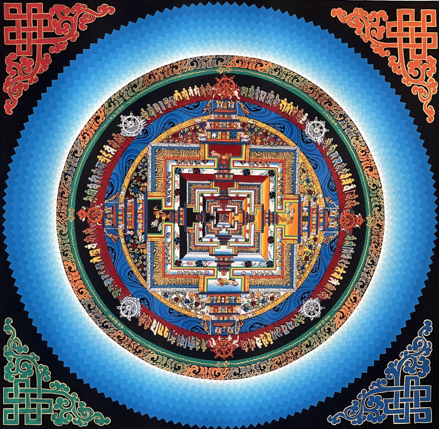 Hand-Painted Kalachakra Mandala Thangka: Gold Tibetan Painting with Silk Brocade
