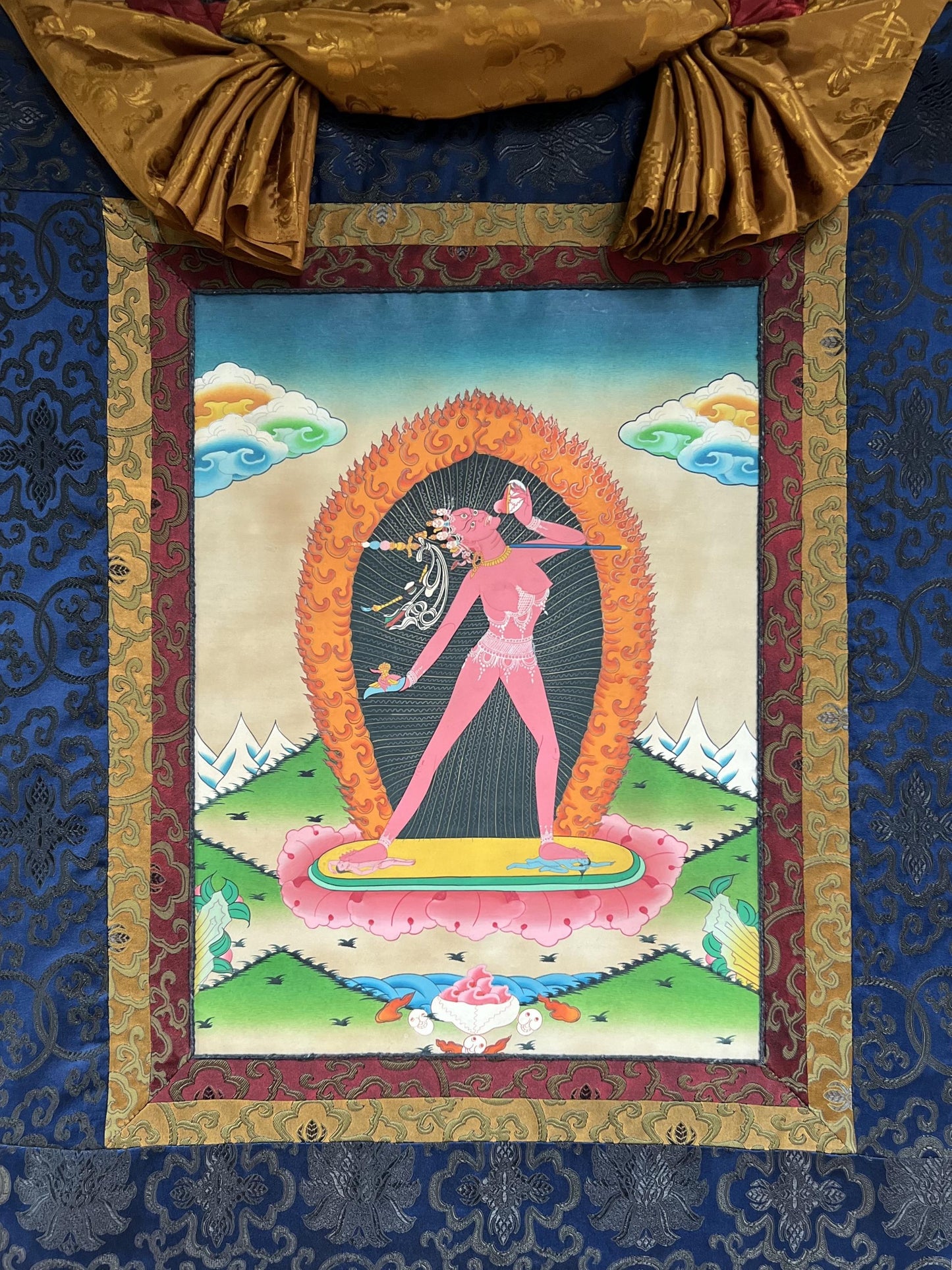 Hand Painted Semi Old, Oil Varnish Vajrayogini Thangka with Silk Brocade