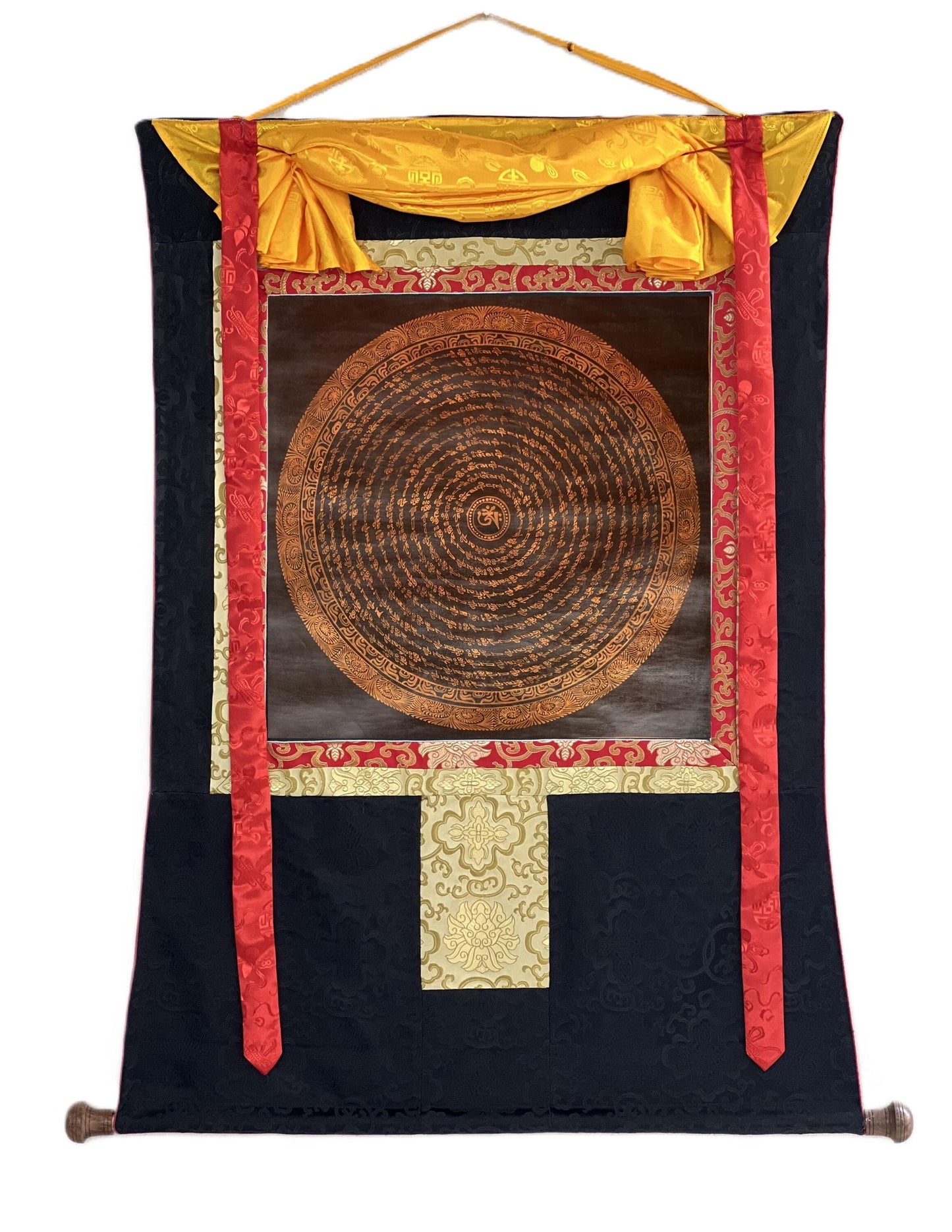 Om Mantra Mandala Thangka | Hand-Painted Tibetan Art with Silk Brocade
