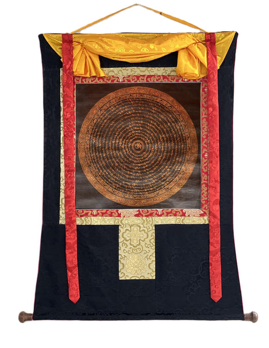 Om Mantra Mandala Thangka | Hand-Painted Tibetan Art with Silk Brocade