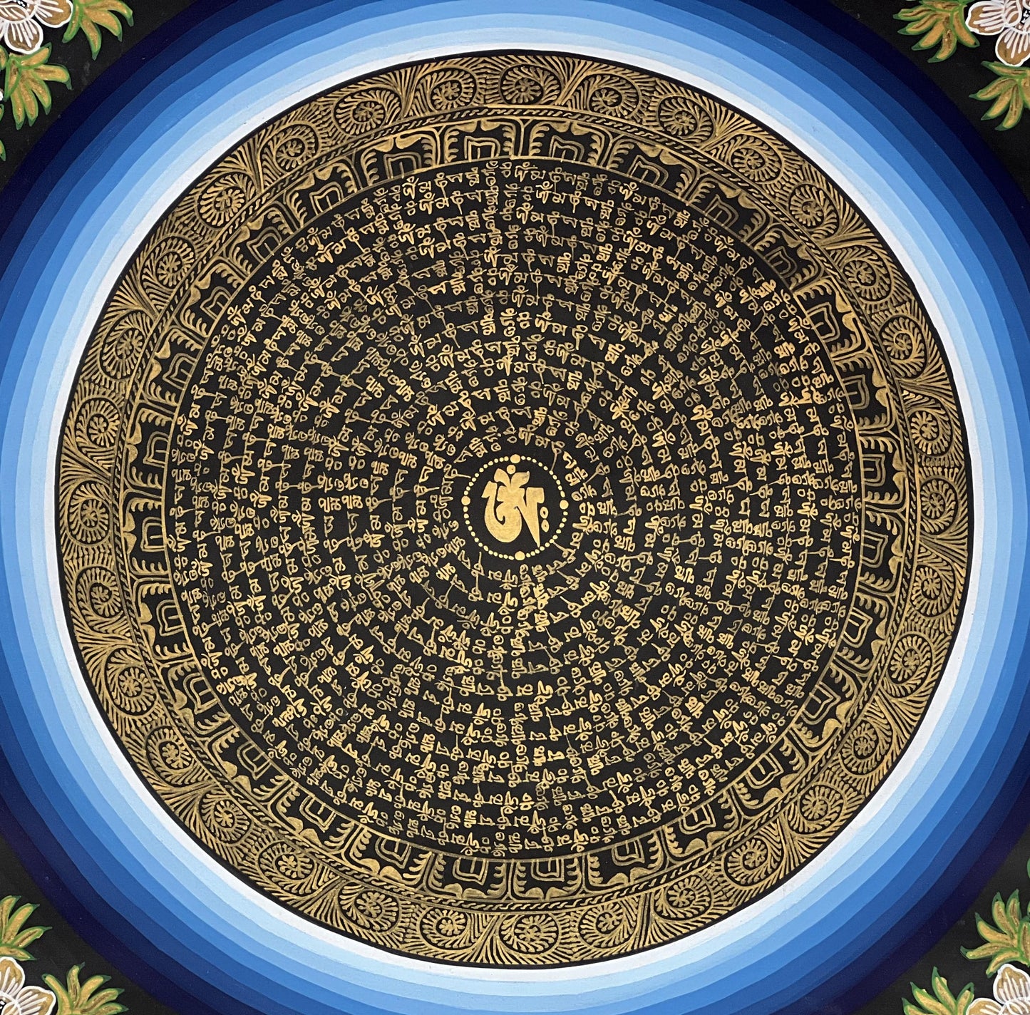 Om Mantra Mandala Thangka | Hand-Painted Tibetan Meditation Art with Silk Brocade