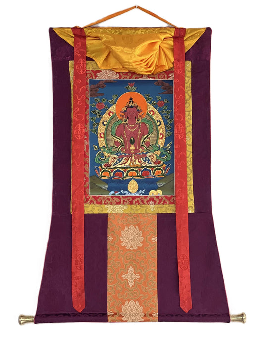 Hand Painted Amitayus Thangka - Tibetan Silk Brocade Meditation Art