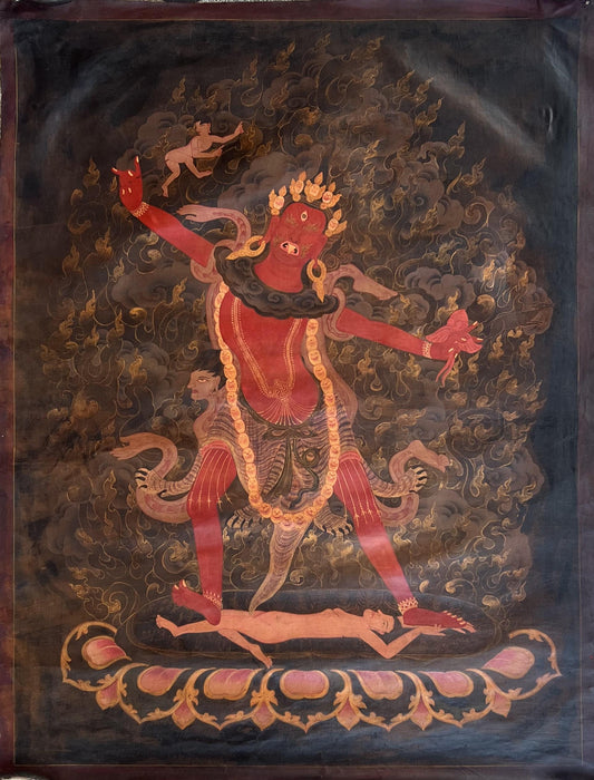 Vintage Ekajati Thangka Painting, Hand-Painted Tibetan Dark Goddess Art