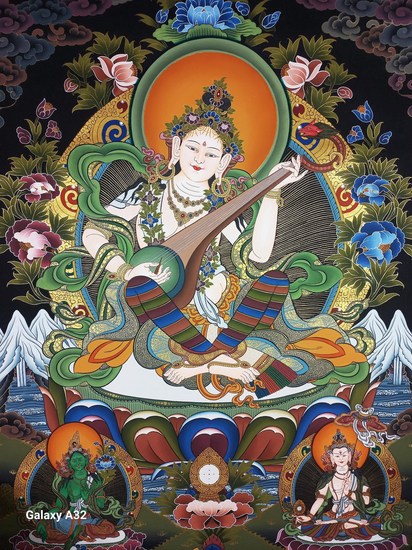 Hand-Painted Saraswati Thangka Painting – Hindu Goddess Art, Cotton Canvas