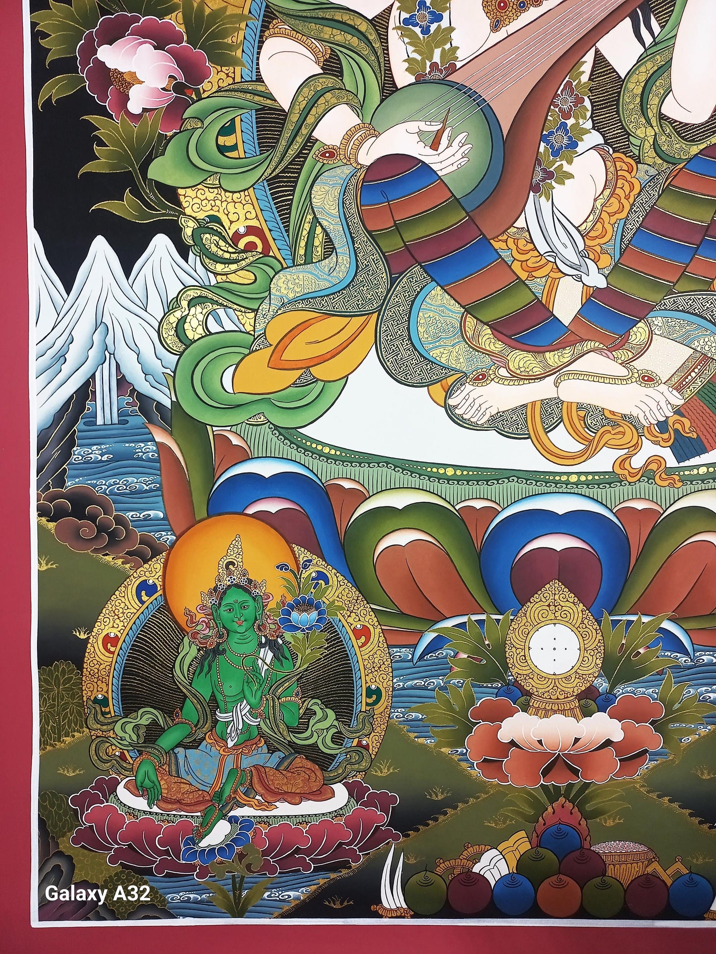 Hand-Painted Saraswati Thangka Painting – Hindu Goddess Art, Cotton Canvas
