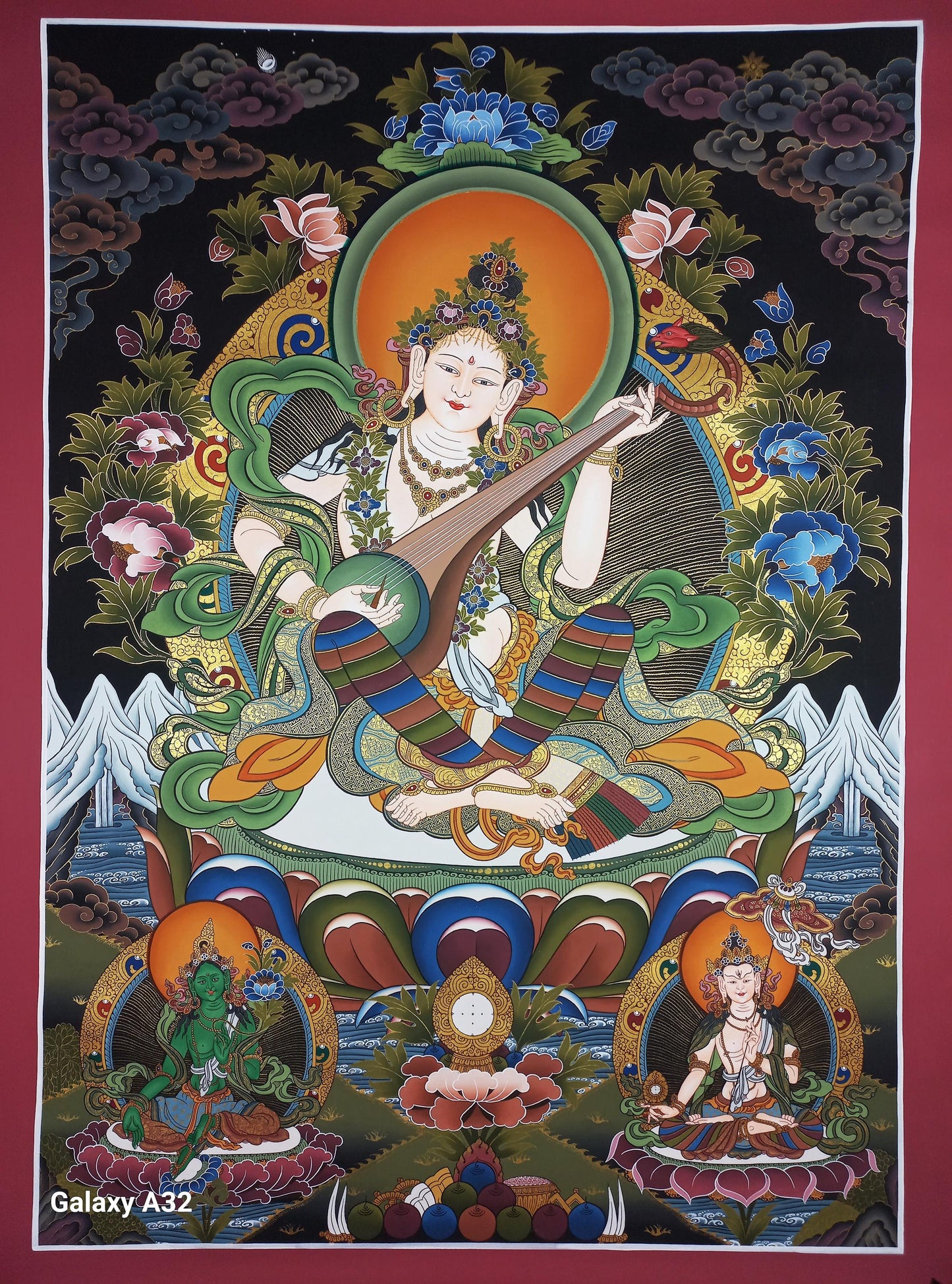 Hand-Painted Saraswati Thangka Painting – Hindu Goddess Art, Cotton Canvas