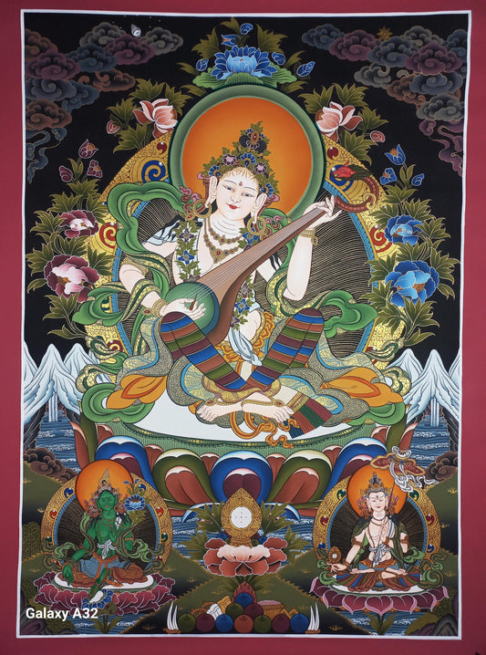Hand-Painted Saraswati Thangka Painting – Hindu Goddess Art, Cotton Canvas