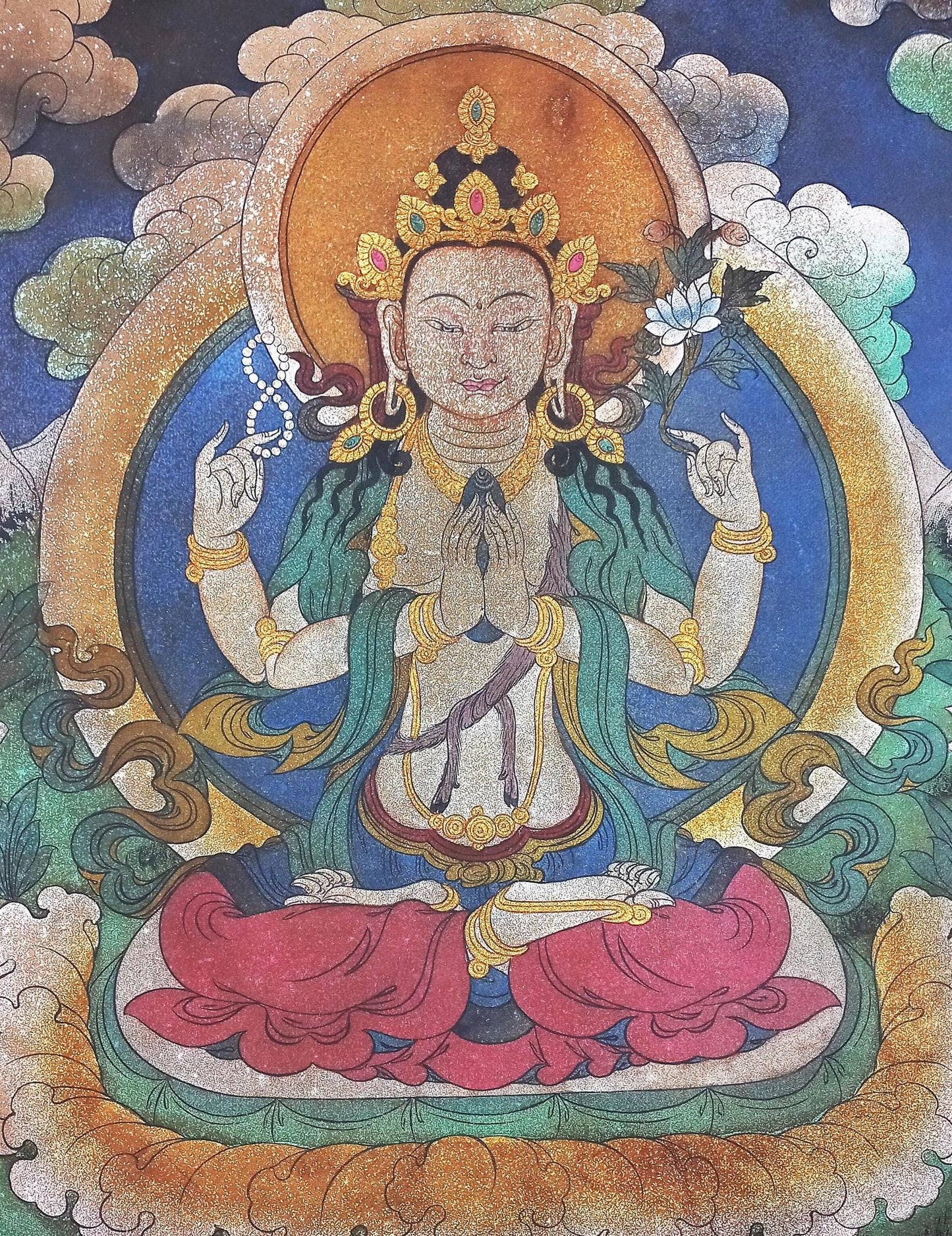 Avalokiteshvara / Chenrezig Original Acrylic Painting on Canvas - Masterpiece Vintage Thangka Painting from the Kathmandu Valley