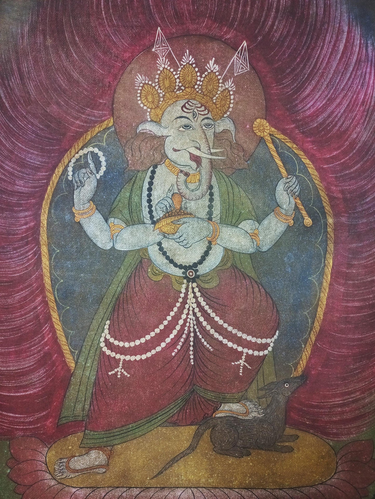 Vintage Standing Ganesha or Ganapati | Hand-Painted Hindu Art | Acrylic Painting on Canvas from Nepal