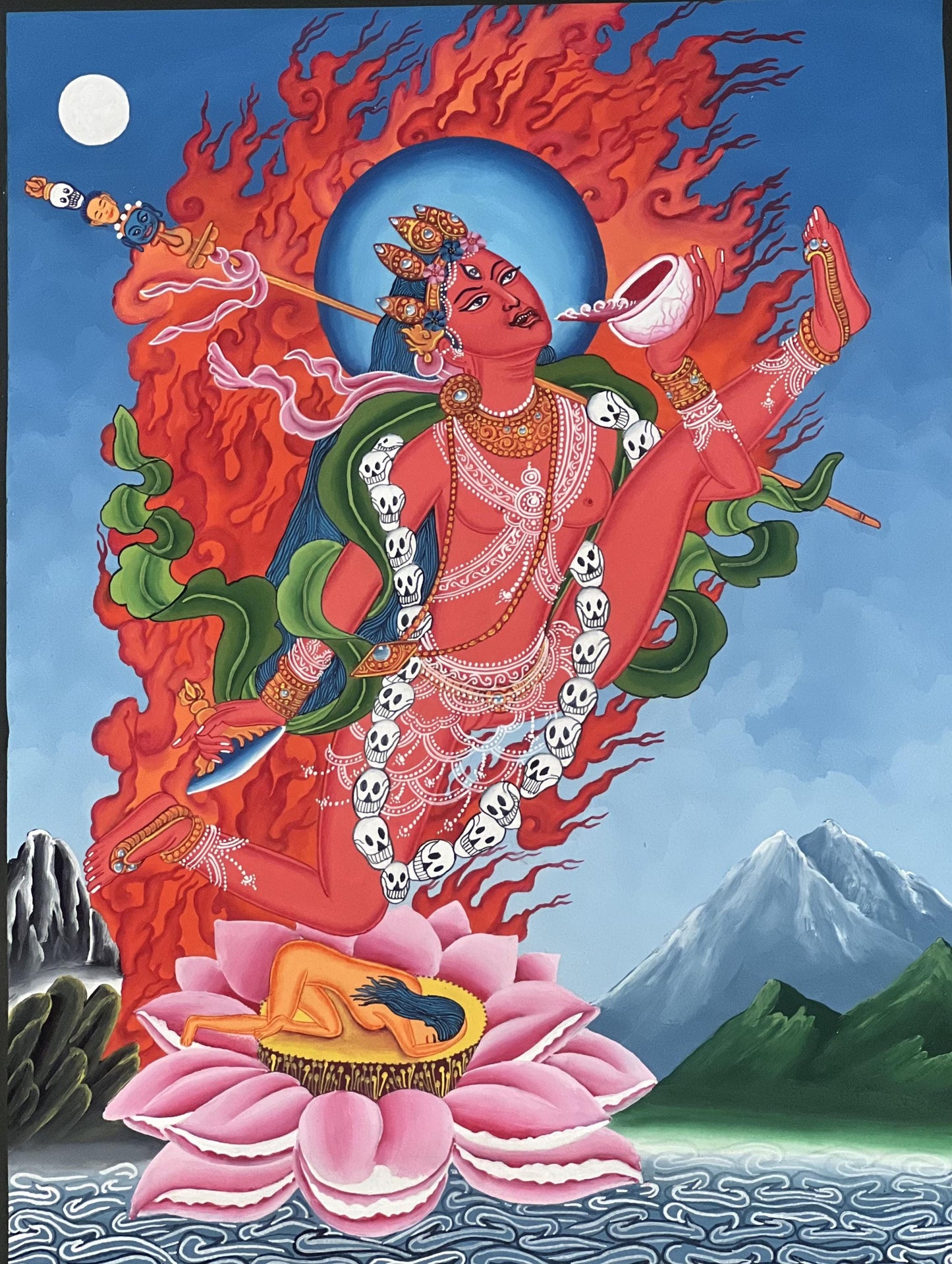 Hand-Painted Akash Yogini Thangka Painting with Silk Brocade