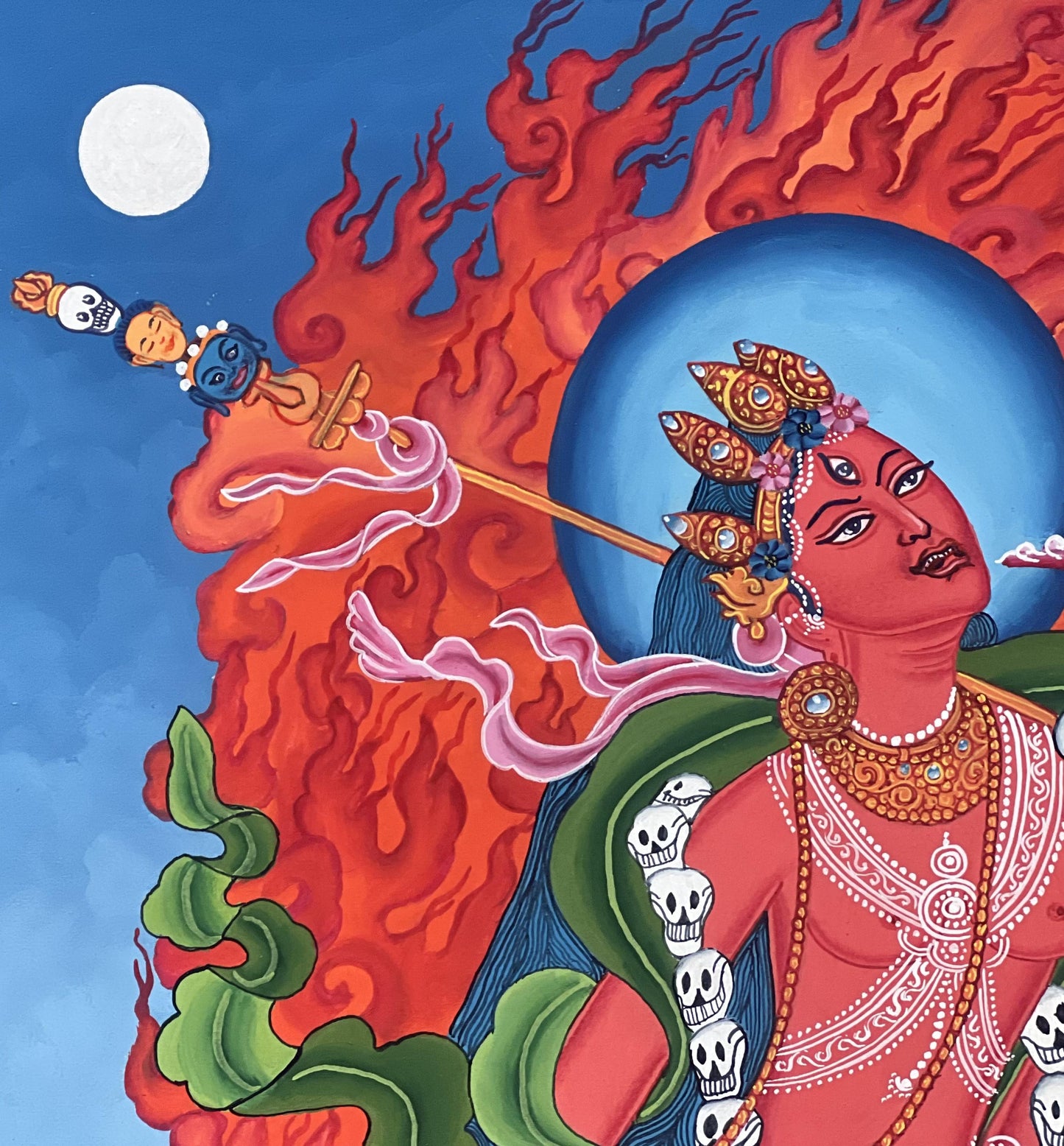 Hand-Painted Akash Yogini Thangka Painting with Silk Brocade
