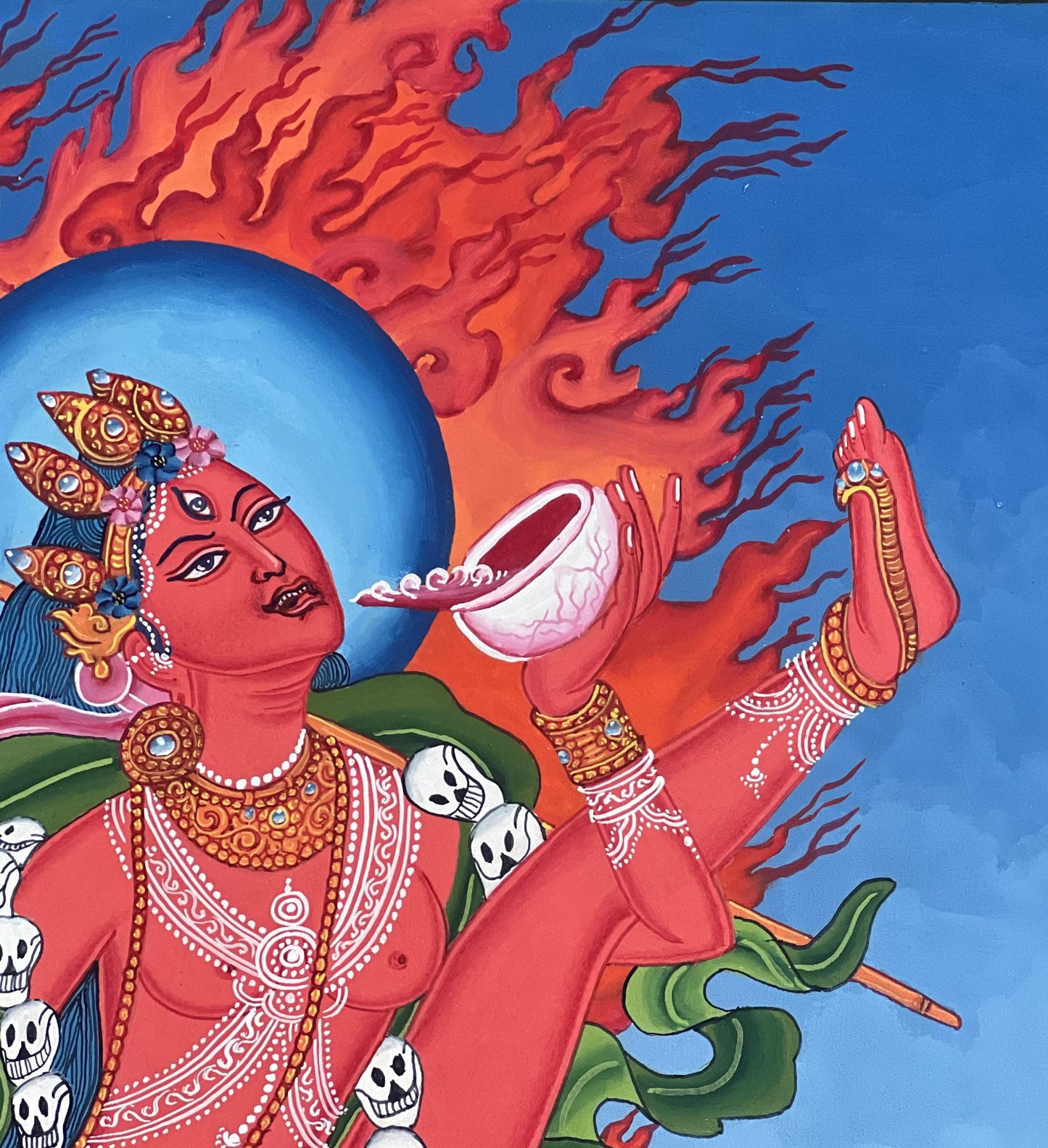 Hand-Painted Akash Yogini Thangka Painting with Silk Brocade