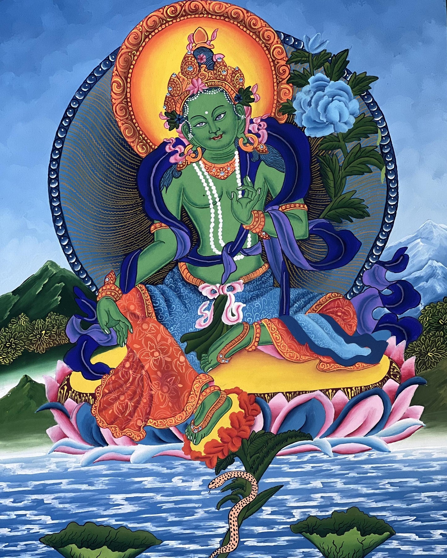 Hand-Painted Green Tara Thangka | Newari Paubha Art from Nepal