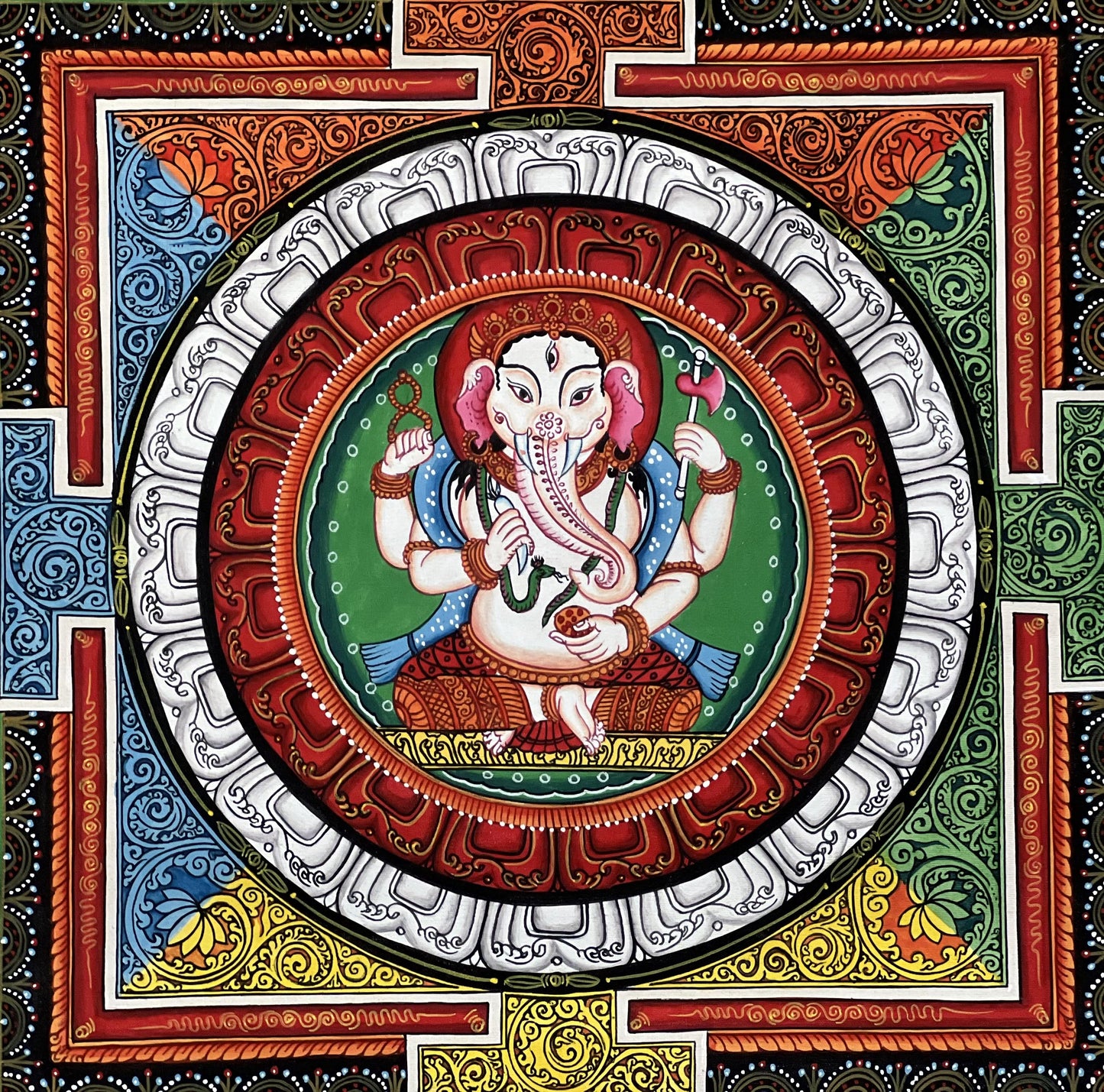 Ganesha Sriyantra Thangka Painting - Newari Paubha Art with Silk Brocade