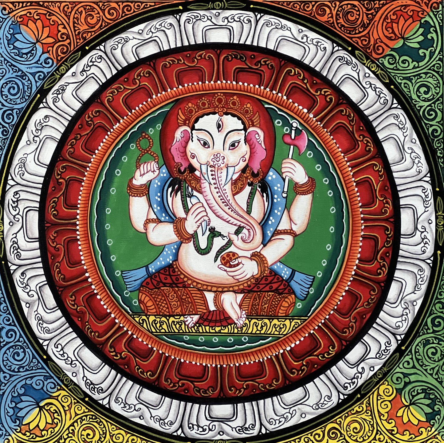 Ganesha Sriyantra Thangka Painting - Newari Paubha Art with Silk Brocade