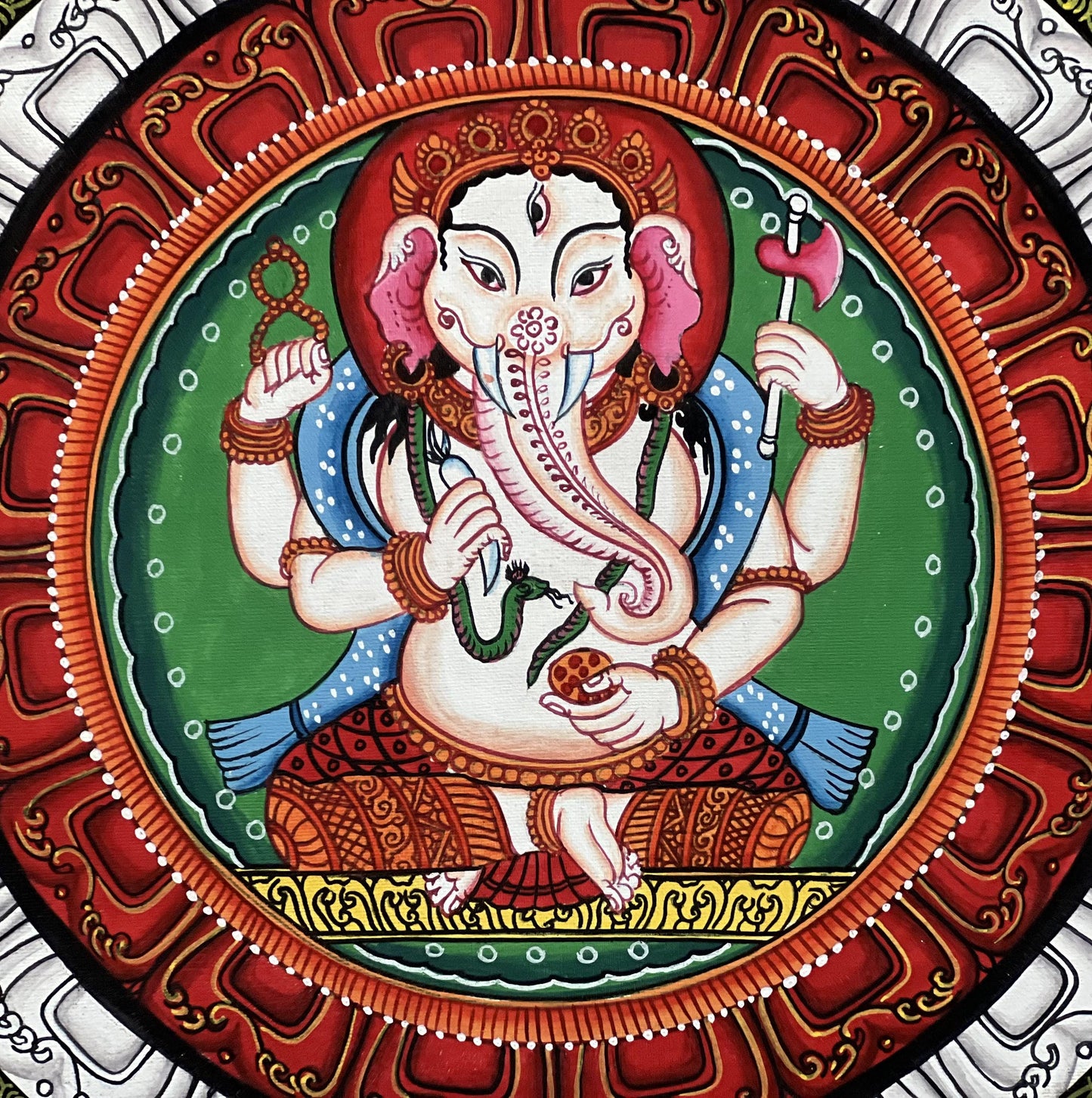Ganesha Sriyantra Thangka Painting - Newari Paubha Art with Silk Brocade