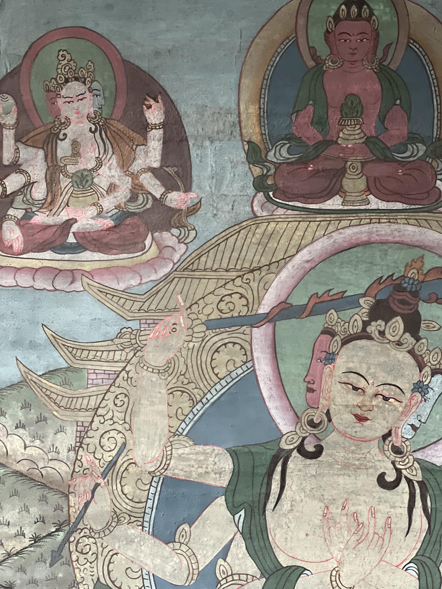 Vintage Six-Armed Manjushri Thangka | Hand-Painted Tibetan Art