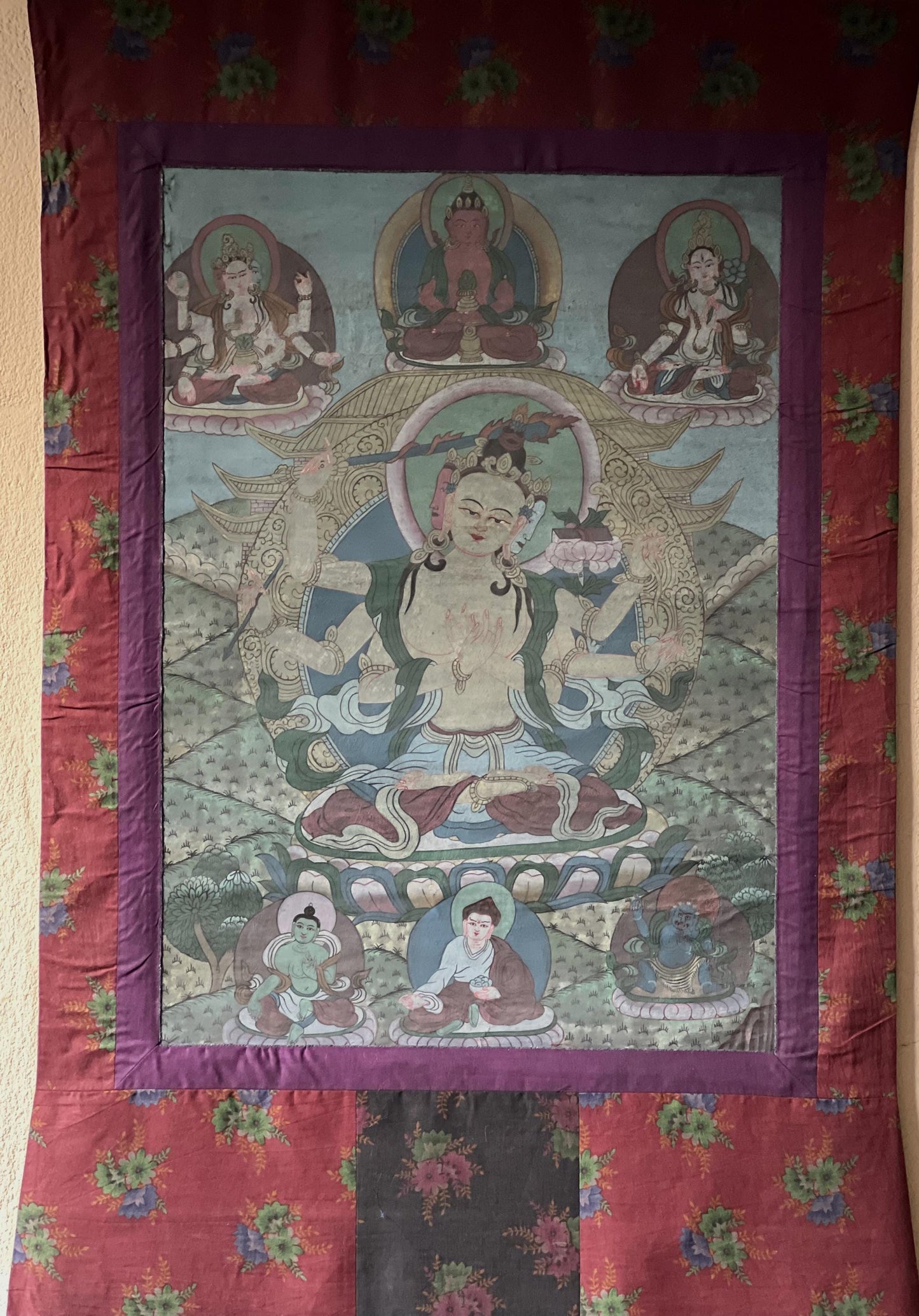 Vintage Six-Armed Manjushri Thangka | Hand-Painted Tibetan Art