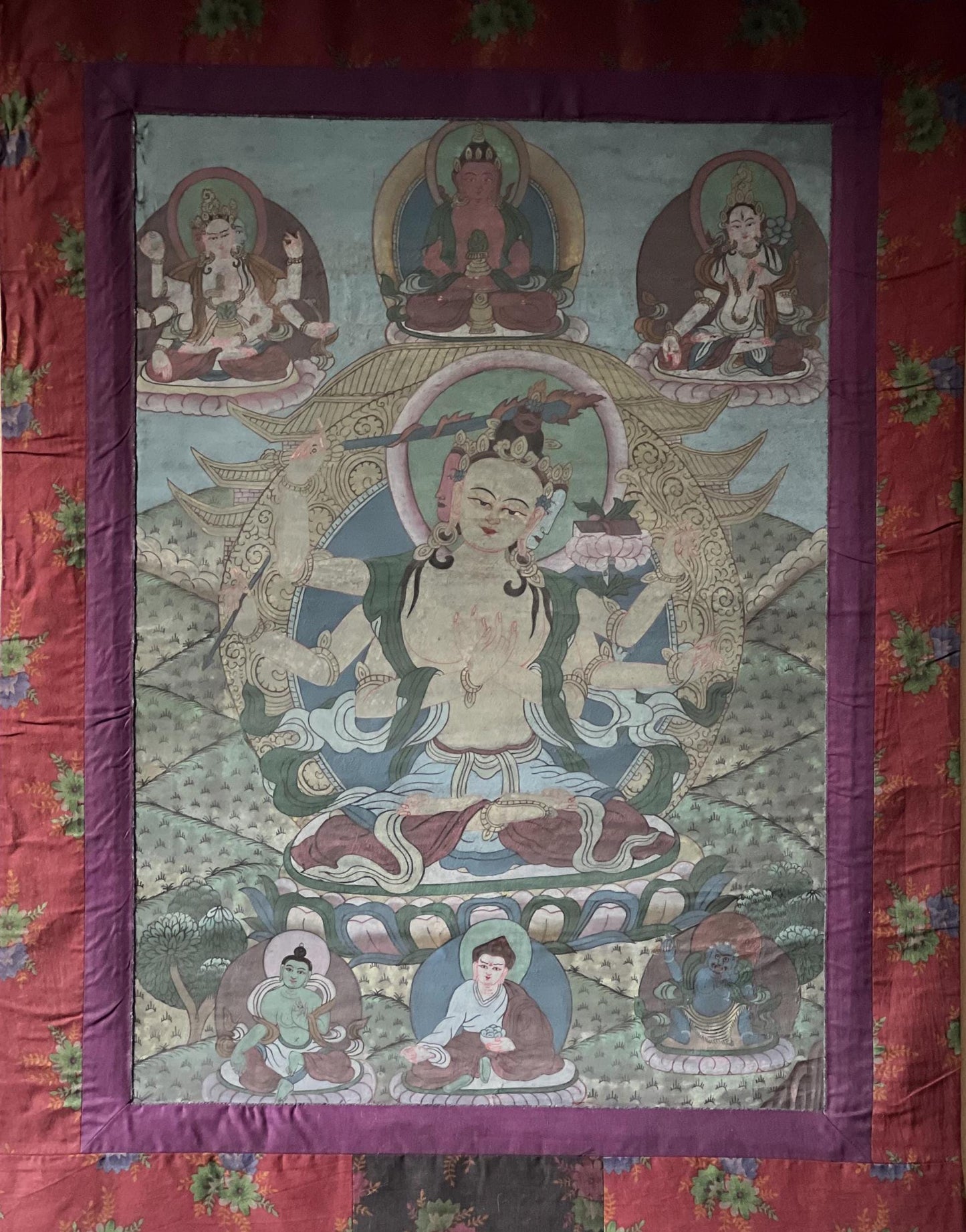 Vintage Six-Armed Manjushri Thangka | Hand-Painted Tibetan Art
