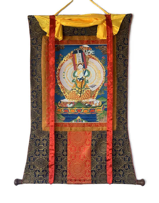 Hand-Painted Ushnisha Sitatatapatra Thangka – White Umbrella Goddess | Tibetan Buddhist Protection Art with Silk Brocade