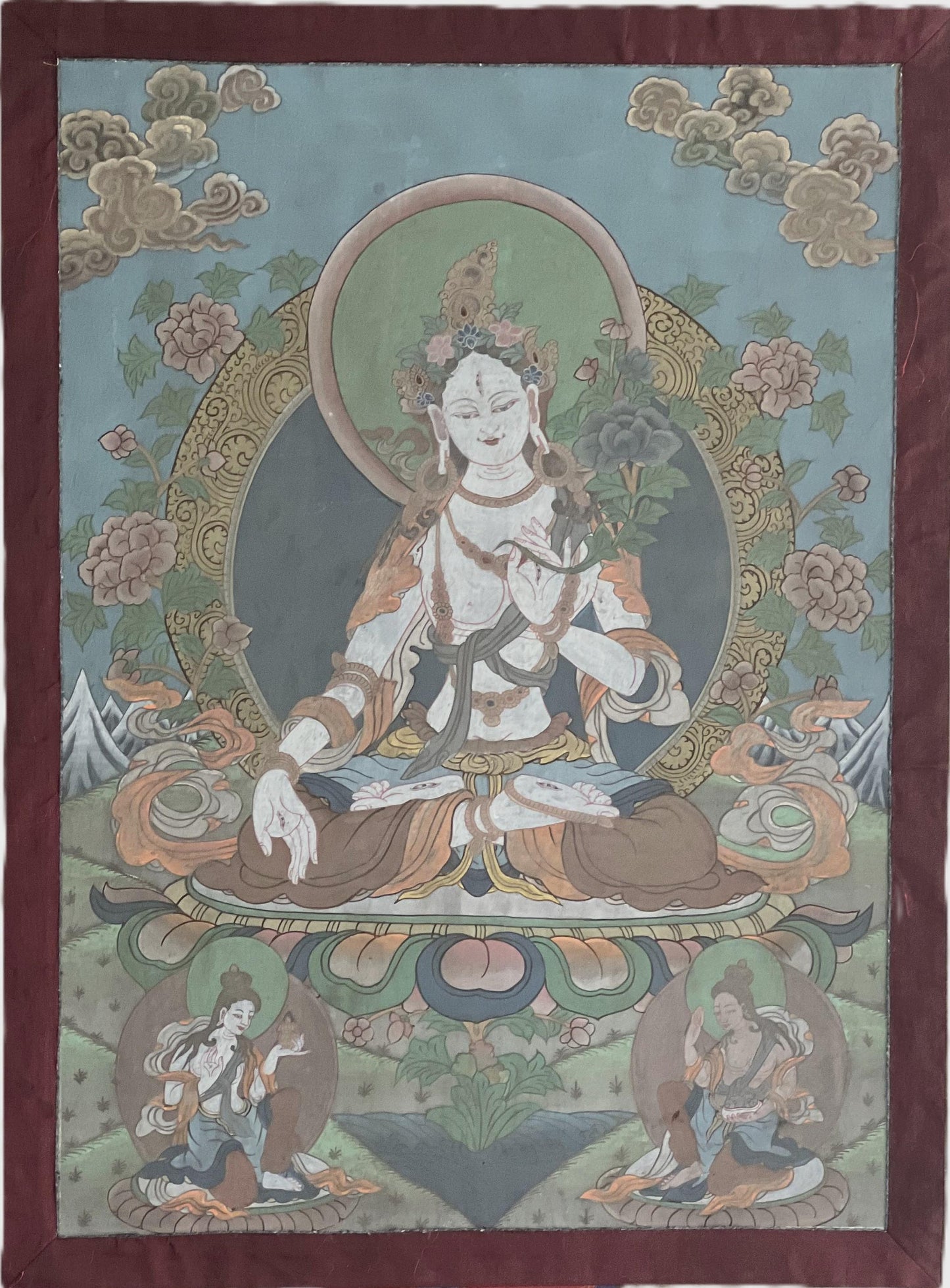 Vintage White Tara Thangka Painting | Hand-Painted Tibetan Buddhist Art