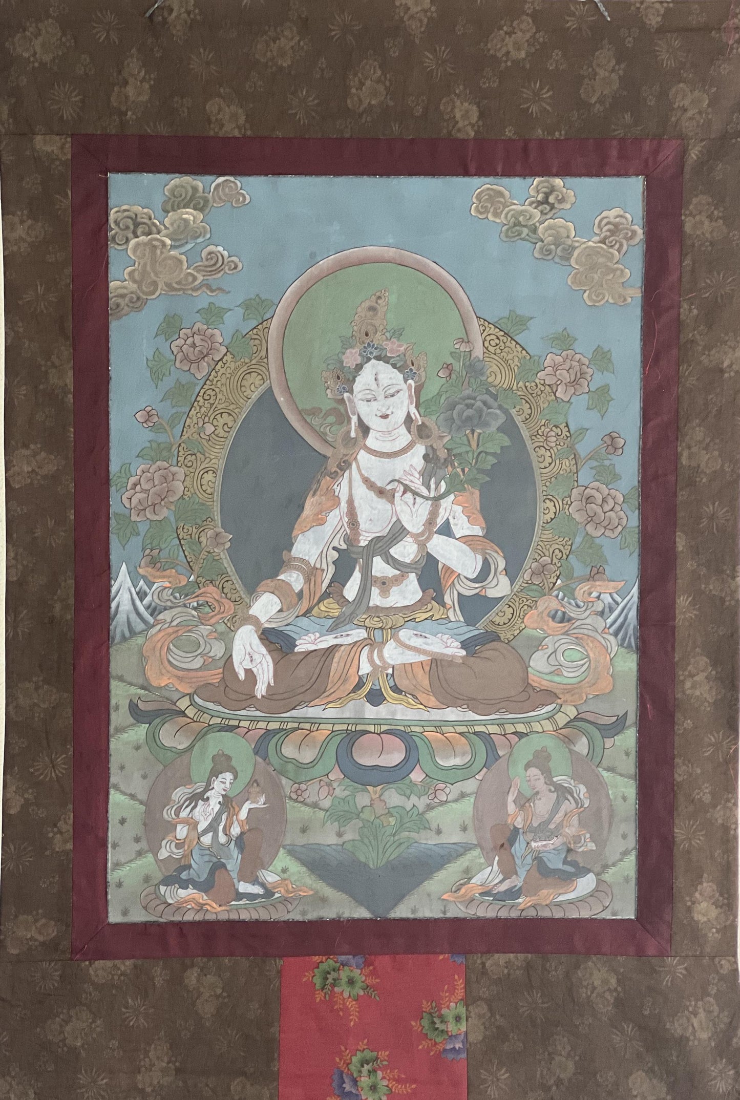 Vintage White Tara Thangka Painting | Hand-Painted Tibetan Buddhist Art