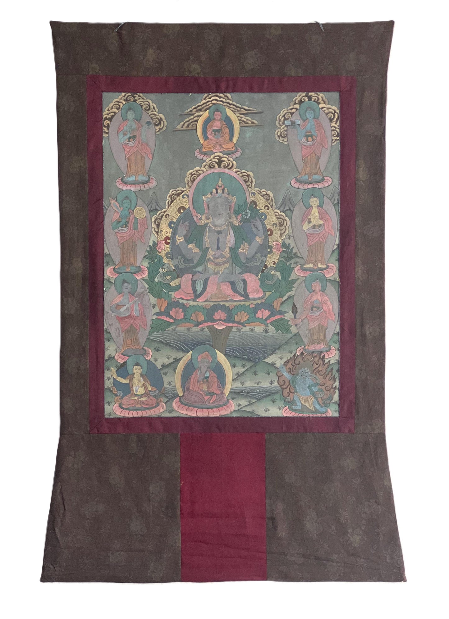 Vintage Avalokiteshvara / Chenrezig Original Hand-Painted Masterpiece Tibetan Thangka Painting with A Narrow Border