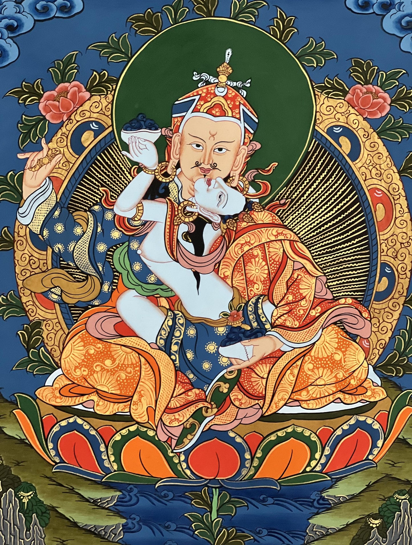 Hand-Painted Padmasambhava Thangka Painting with Silk Brocade