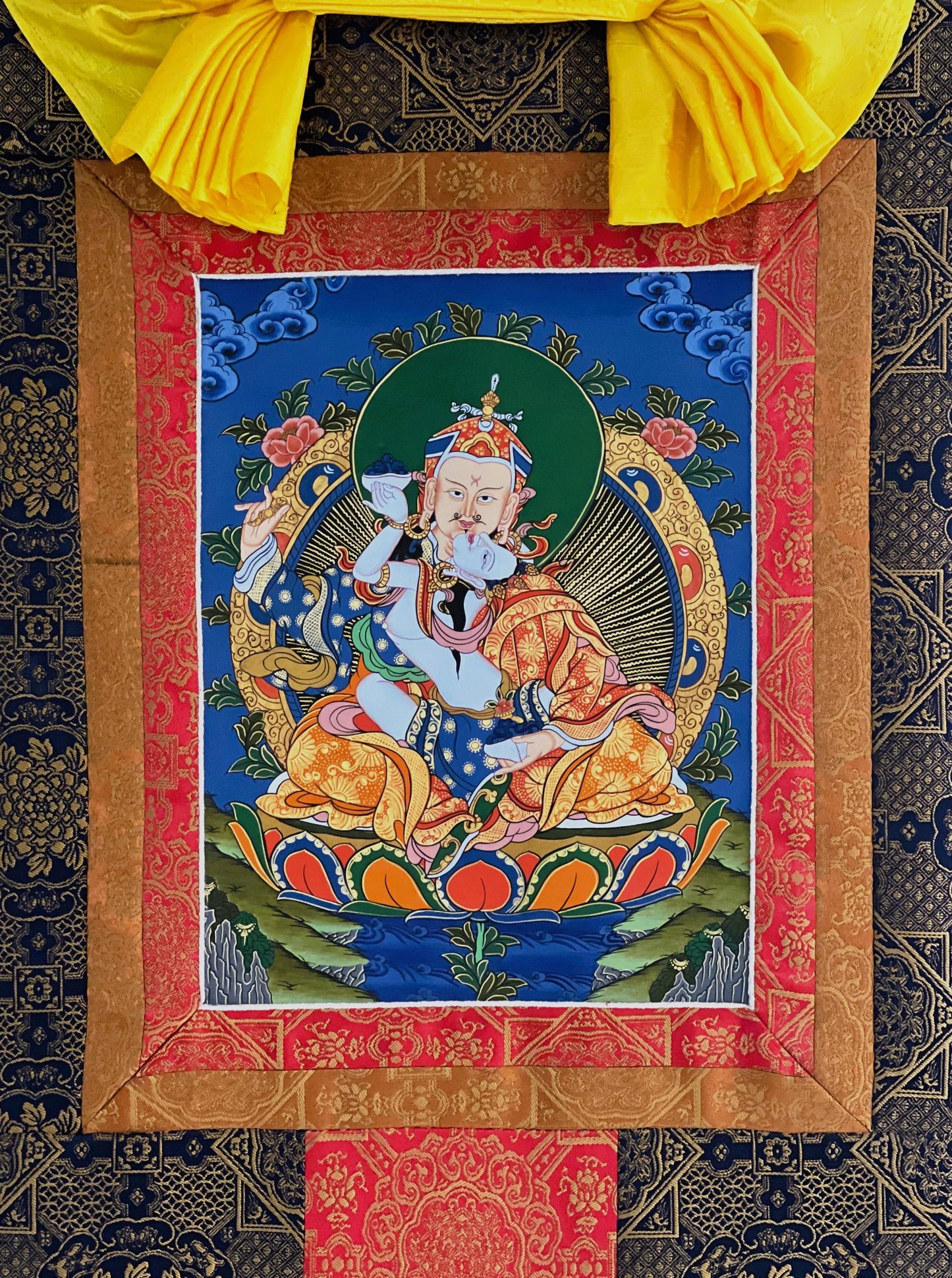 Hand-Painted Padmasambhava Thangka Painting with Silk Brocade