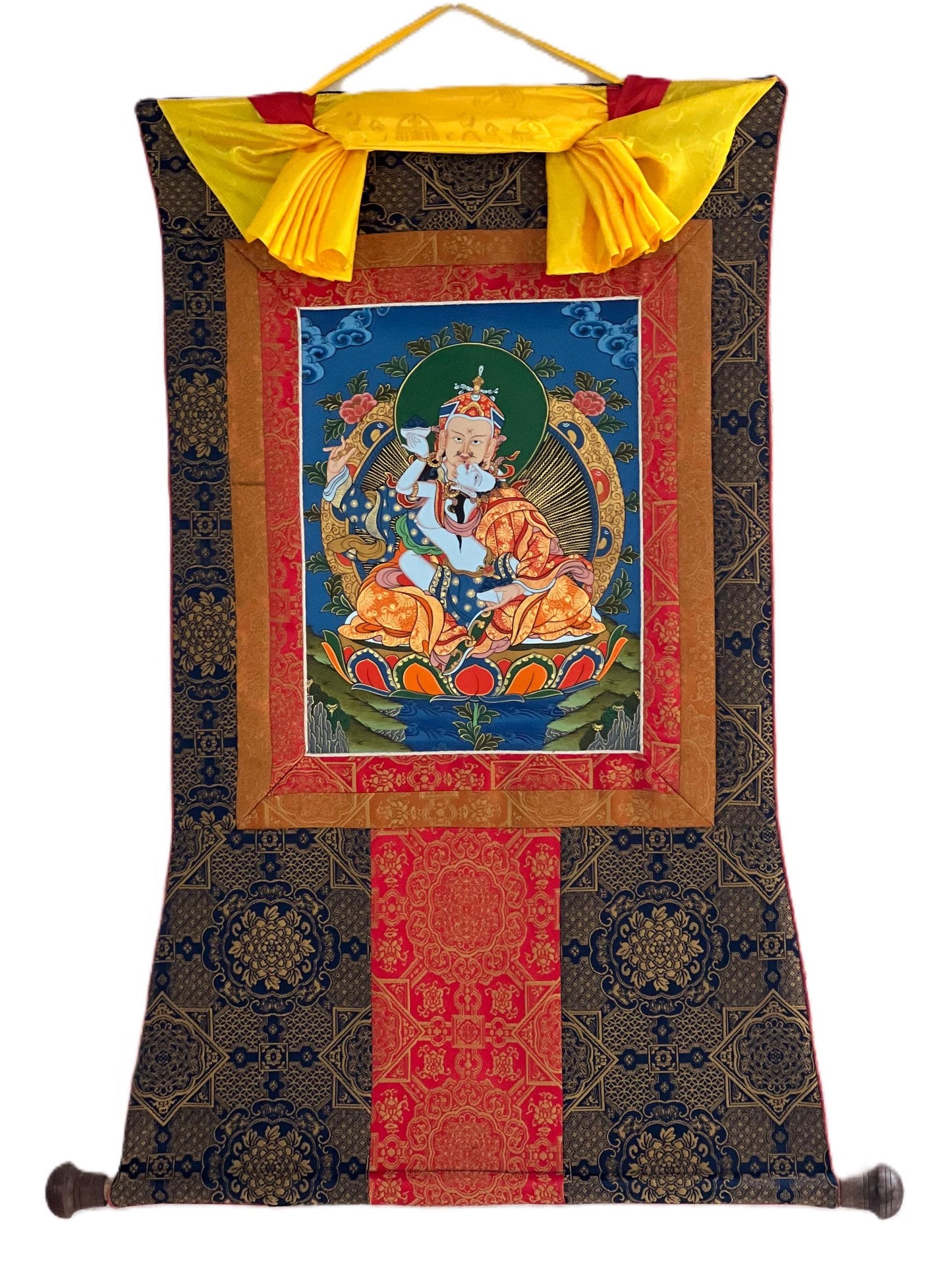 Hand-Painted Padmasambhava Thangka Painting with Silk Brocade