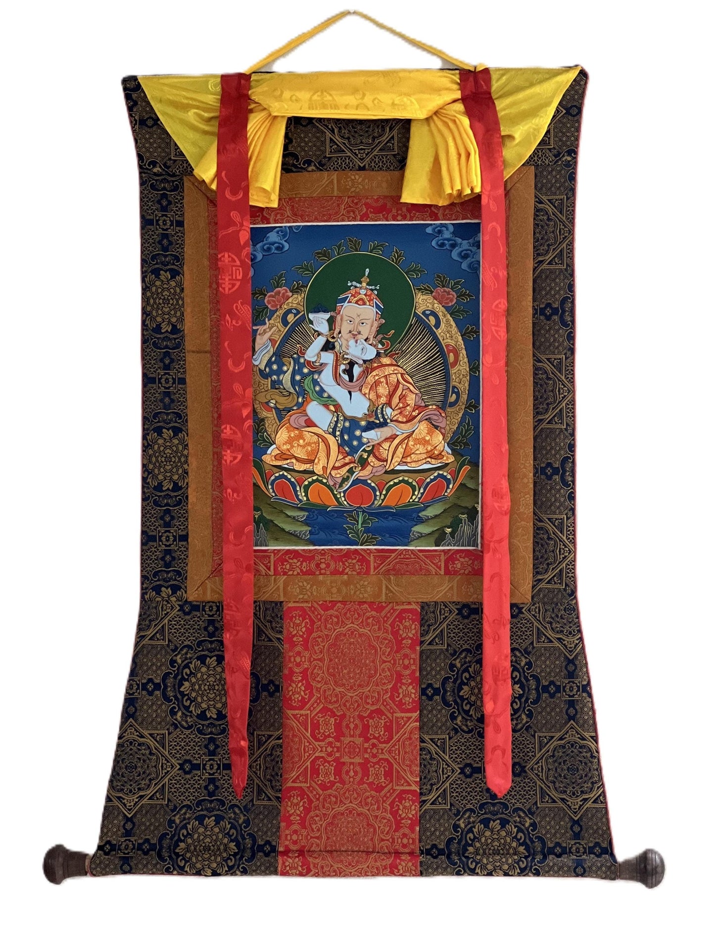 Hand-Painted Padmasambhava Thangka Painting with Silk Brocade