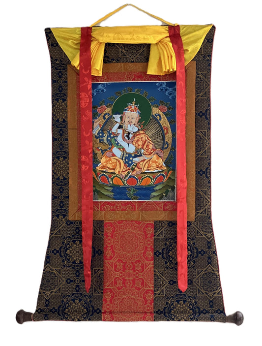 Hand-Painted Padmasambhava Thangka Painting with Silk Brocade