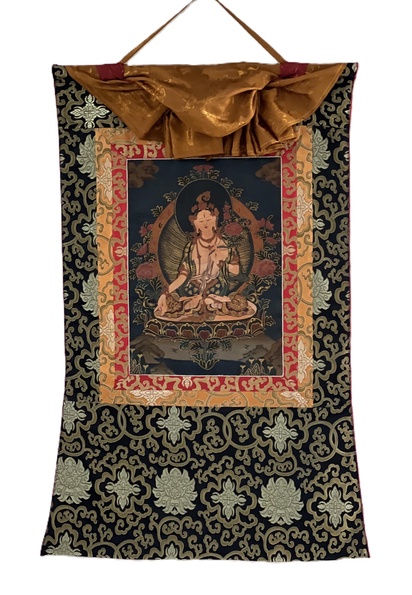 Original Hand-painted White Tara/ Mother Goddess/ Old Oil-Varnished Tibetan Thangka Painting with Silk Brocade