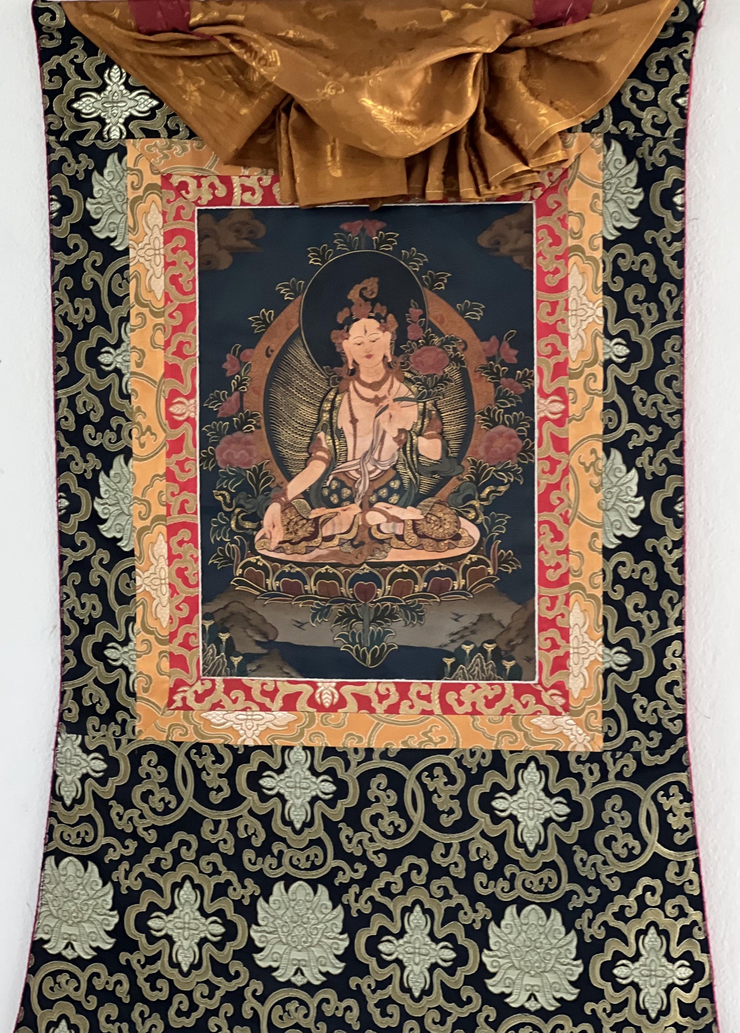 Original Hand-painted White Tara/ Mother Goddess/ Old Oil-Varnished Tibetan Thangka Painting with Silk Brocade