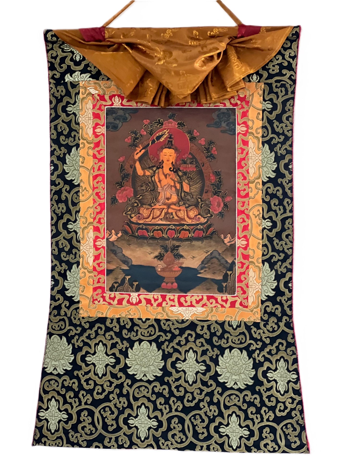 Hand-painted Manjushri Bodhisattva Tibetan Thangka with Silk Brocade, Oil Varnished
