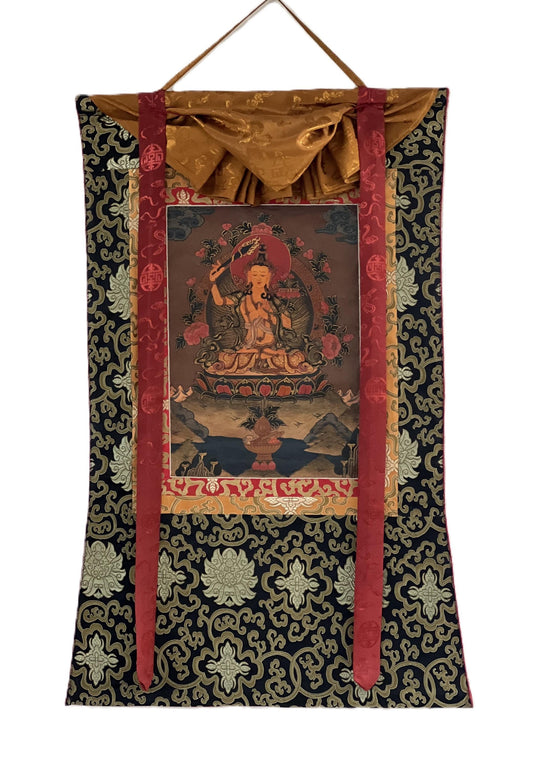 Hand-painted Manjushri Bodhisattva Tibetan Thangka with Silk Brocade, Oil Varnished