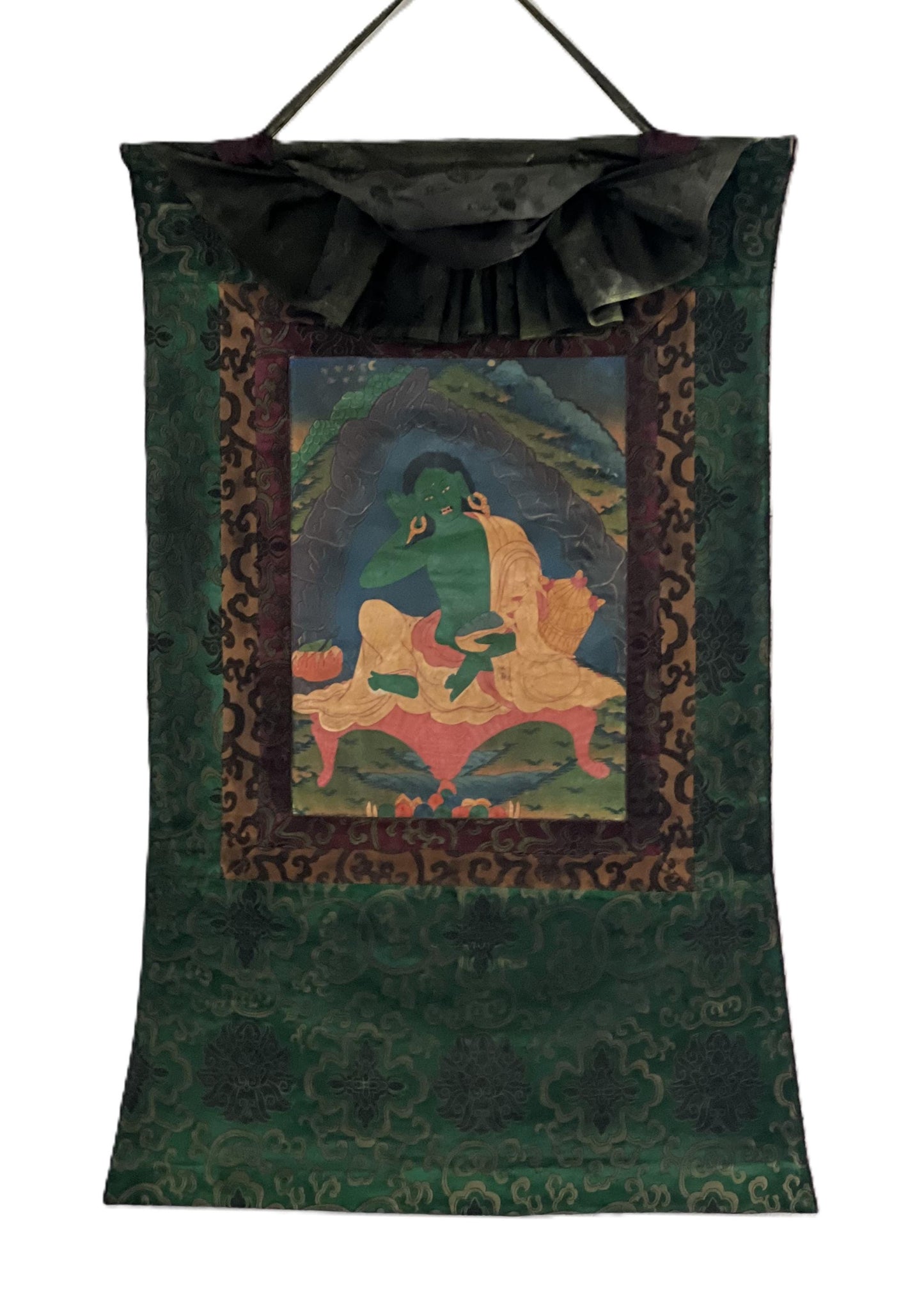 Vintage Milarepa Thangka Painting – Tibetan Yogi Art with Silk Brocade