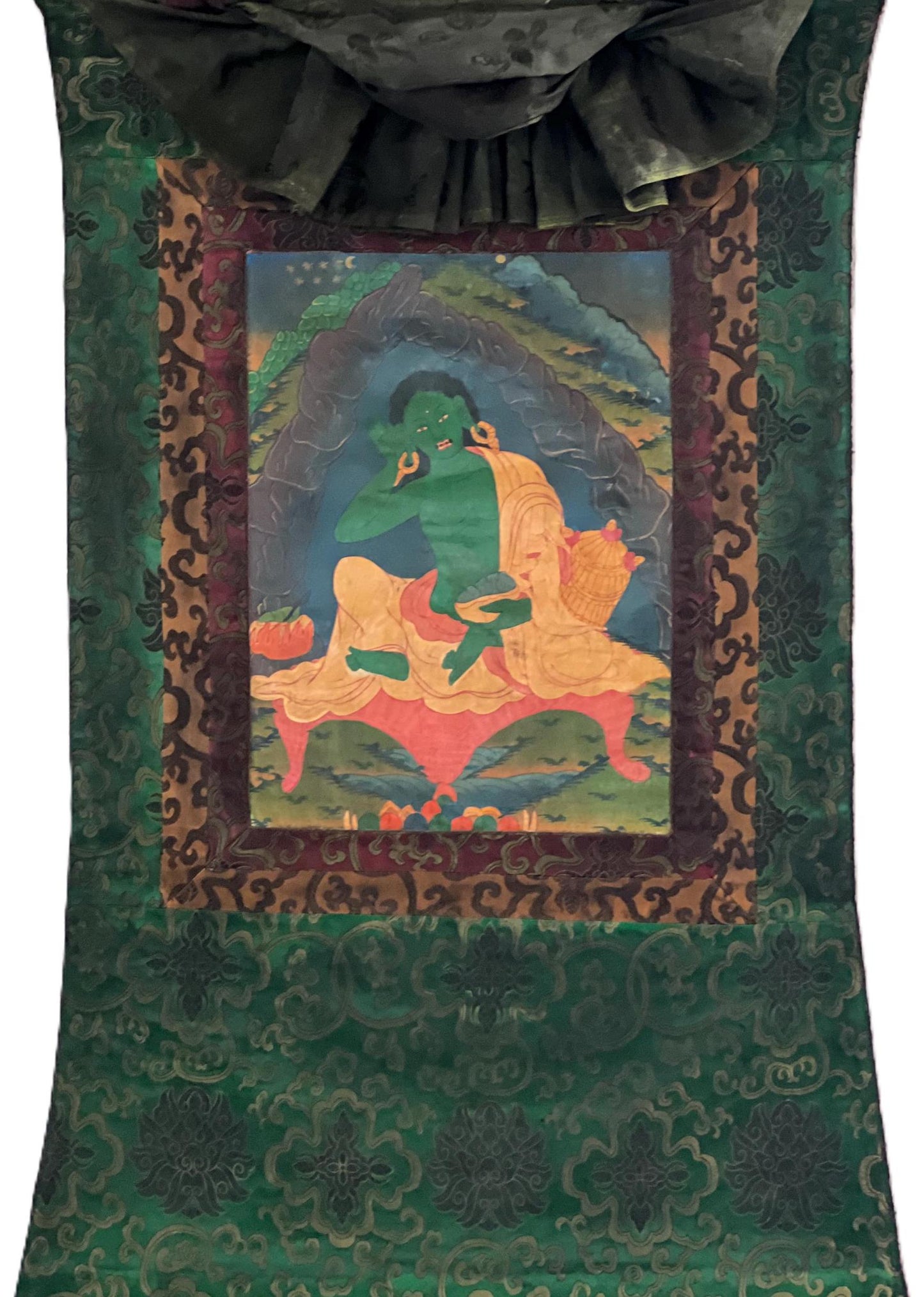 Vintage Milarepa Thangka Painting – Tibetan Yogi Art with Silk Brocade