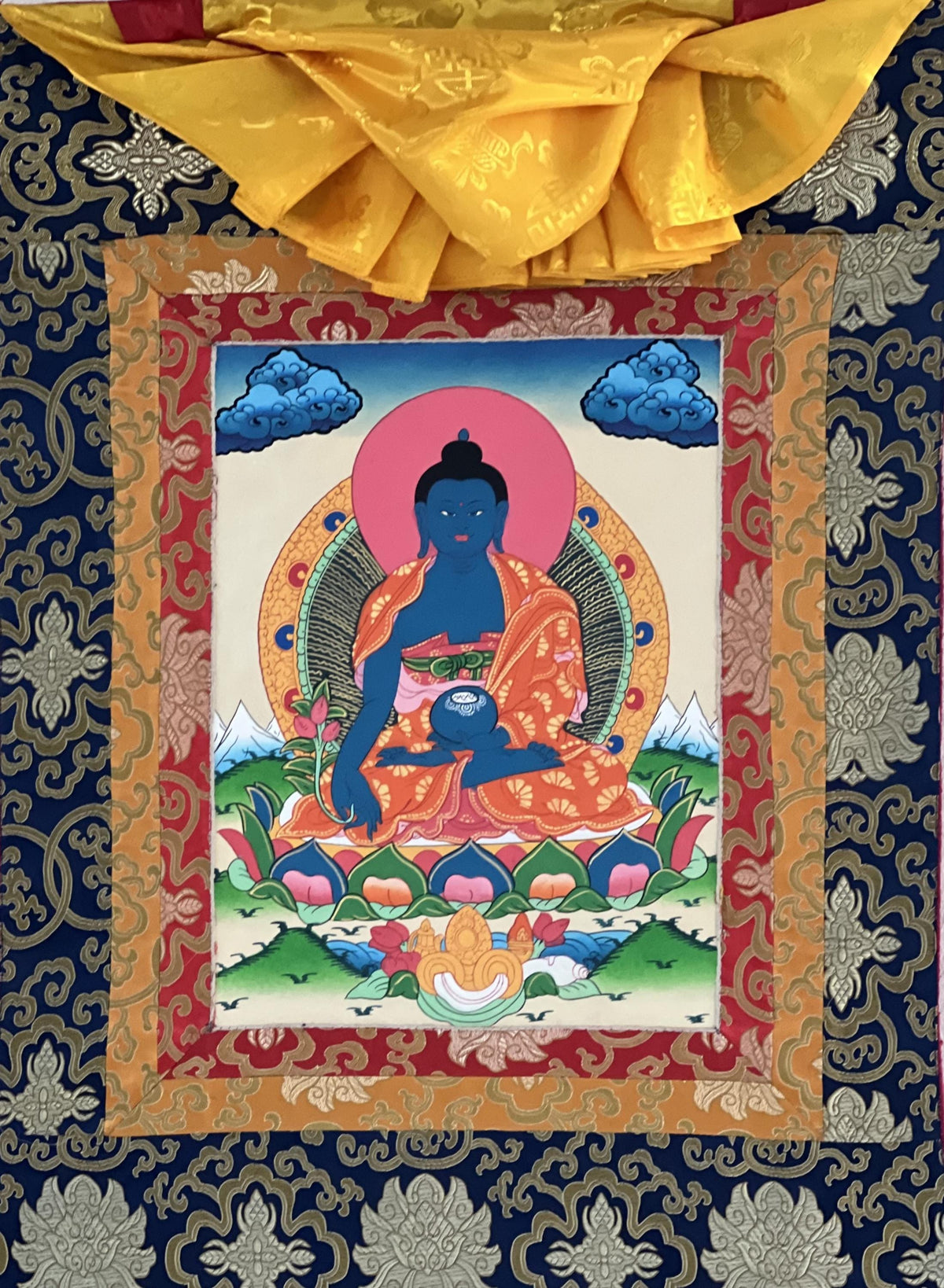 Handmade Medicine Buddha Thangka Painting, Framed in Silk Brocade